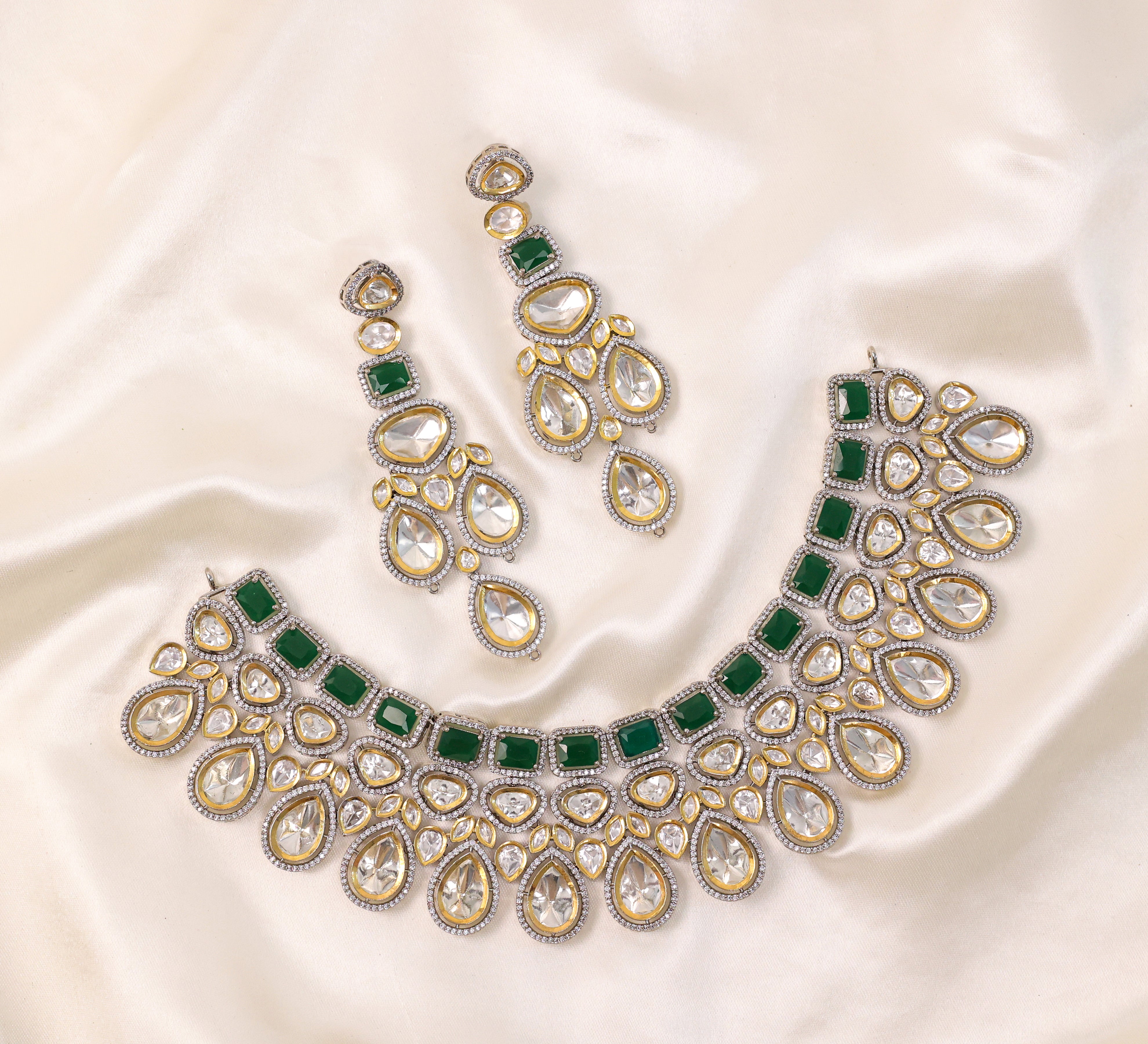 Victorian-Inspired Kundan Polki Necklace Set with Hydro Stones - Adisha Jewels