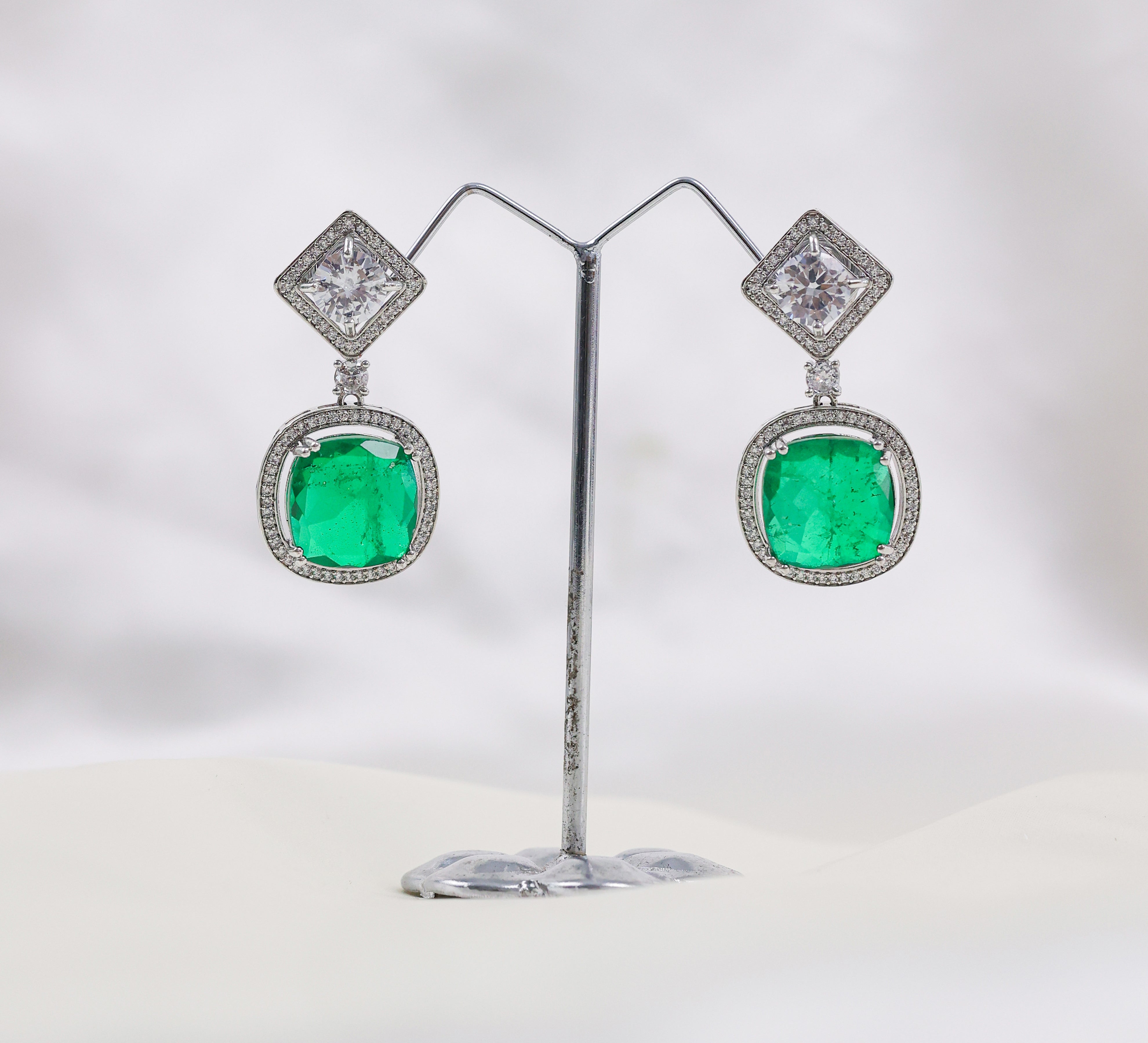 Earrings with Vibrant Doublet Stones and CZ Accents in White Rhodium - Adisha Jewels