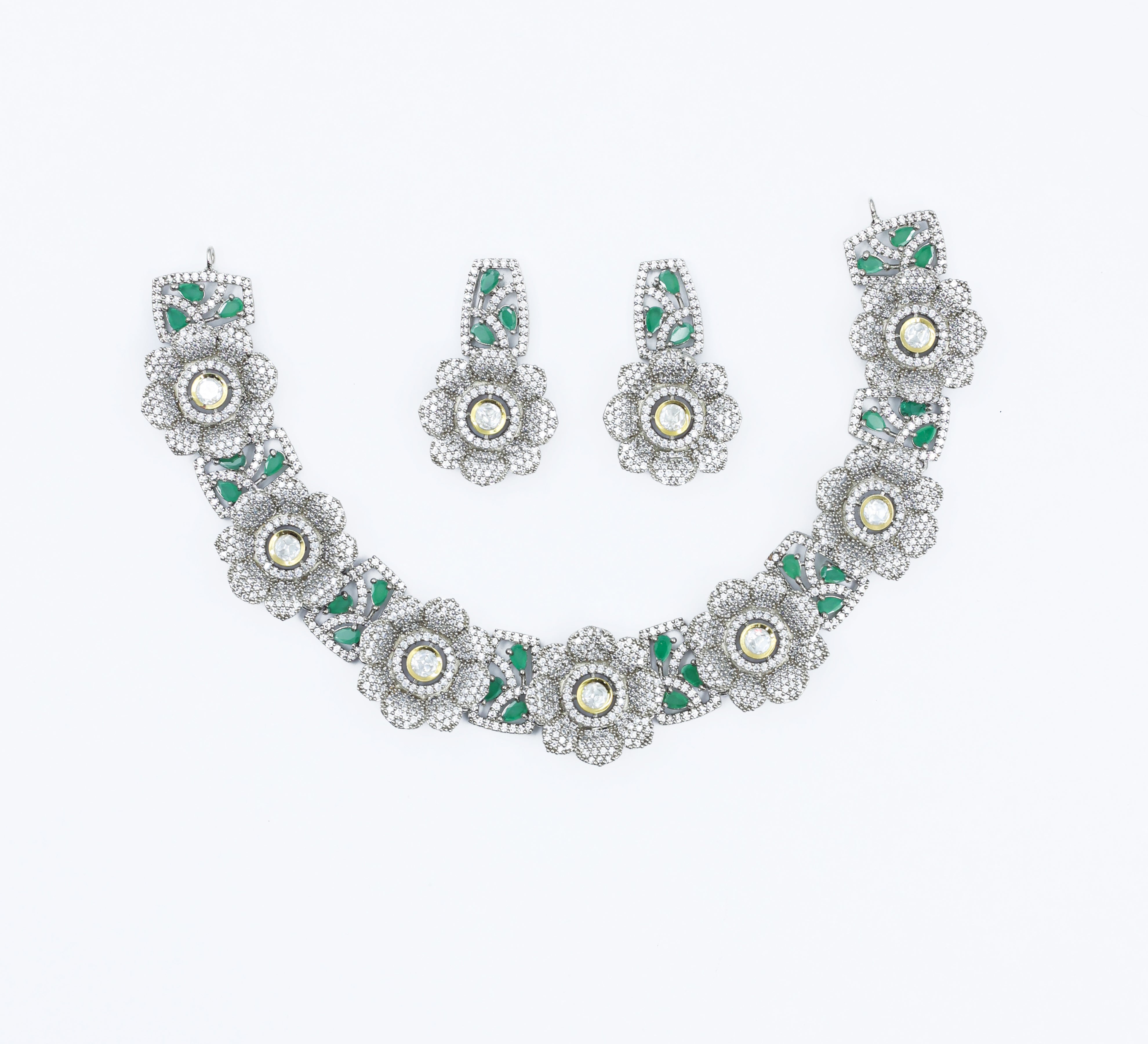 Kundan Polki and Hydro Stones Necklace Set in Antique Silver - Adisha Jewels