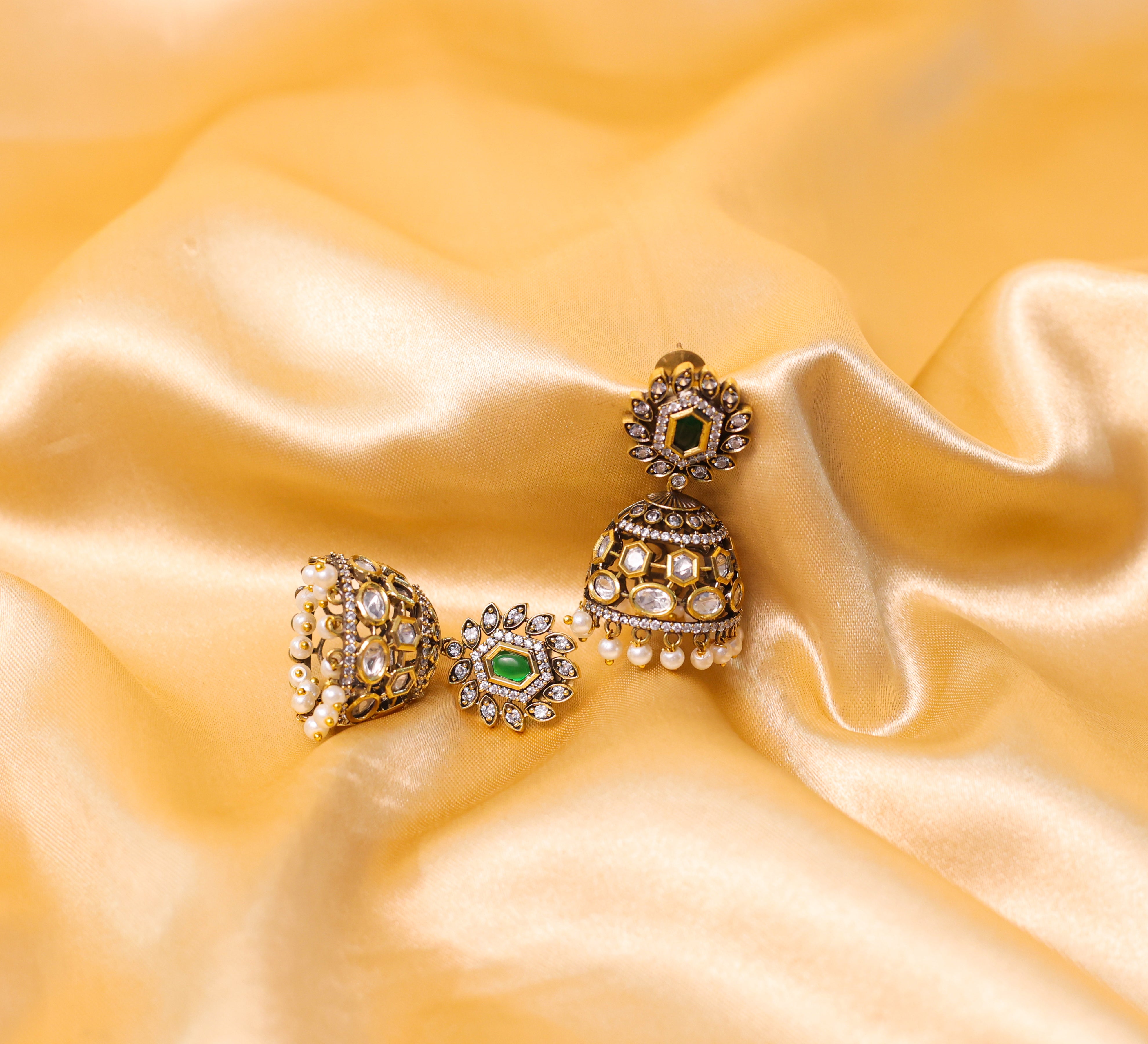 Silver Foil Victorian Jhumki Earrings with Kundan Polki and Hydro Stones - Adisha Jewels