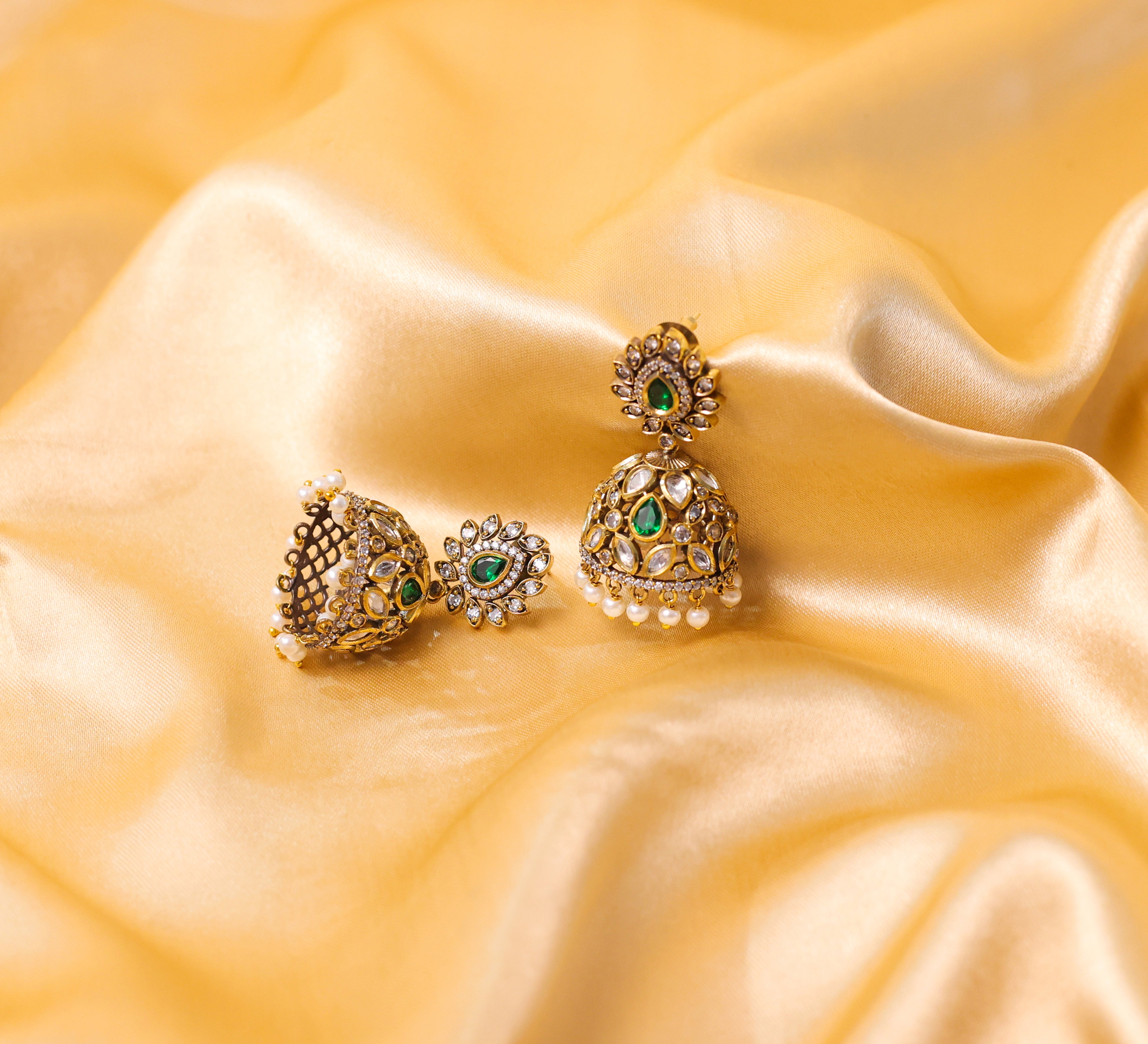 Silver Foil Victorian Jhumki Earrings with Kundan Polki and Hydro Stones - Adisha Jewels