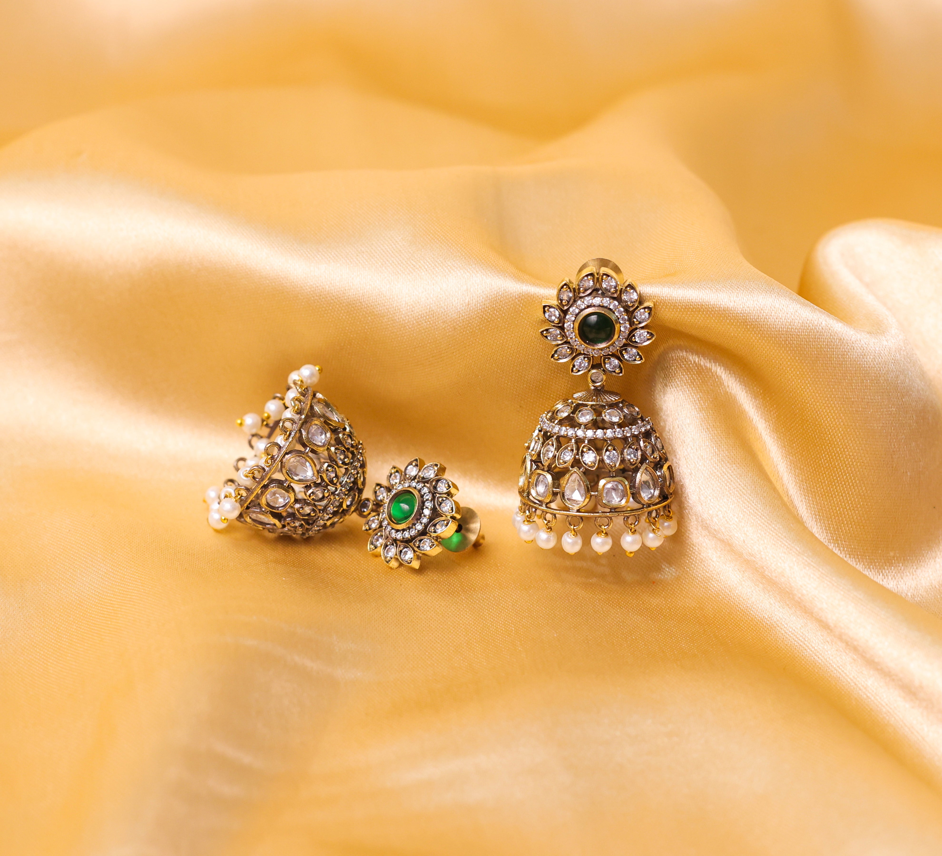 Silver Foil Victorian Jhumki Earrings with Kundan Polki and Hydro Stones - Adisha Jewels