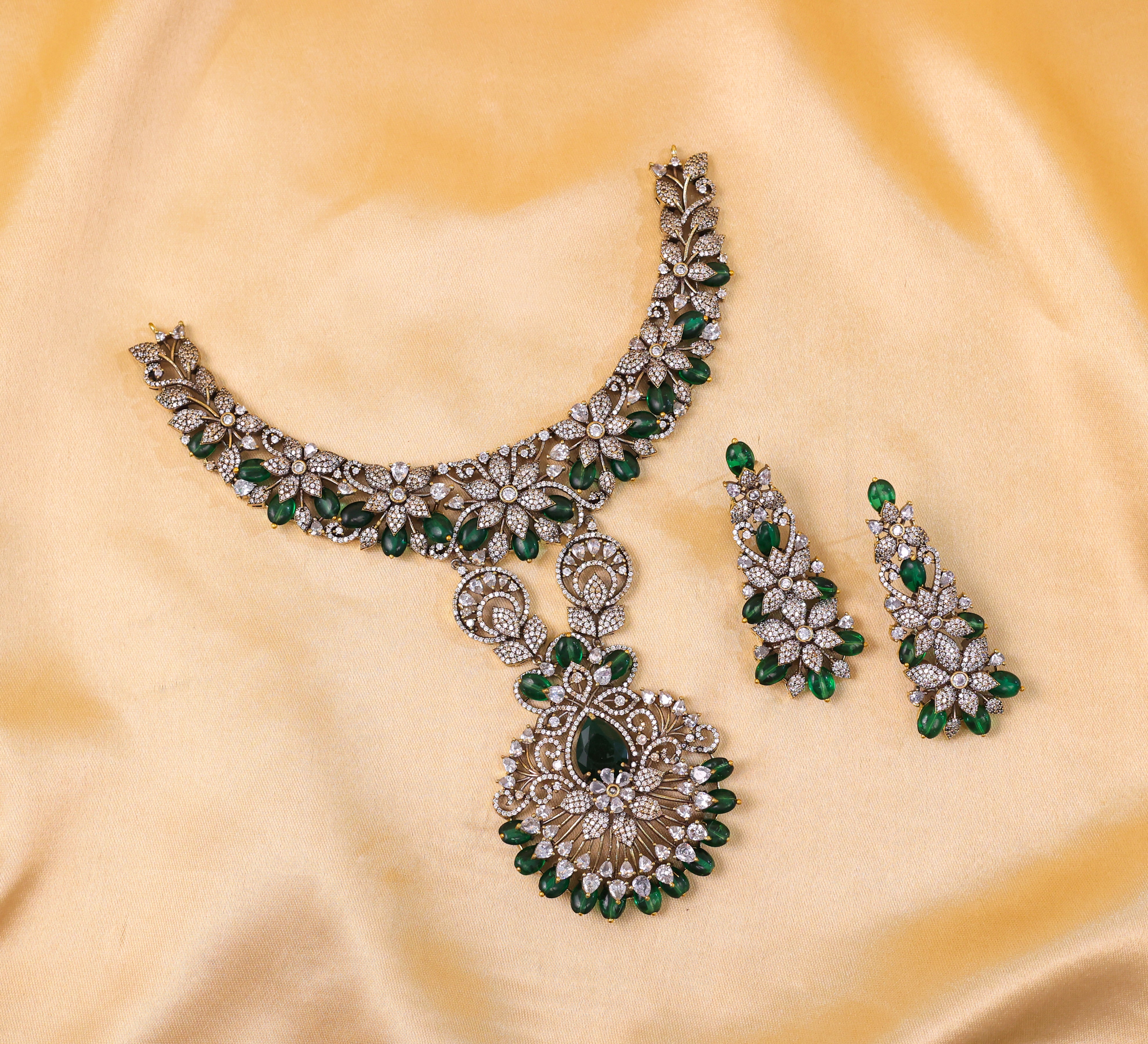 Victorian Antique Necklace Set with Beads & American Diamonds - Adisha Jewels