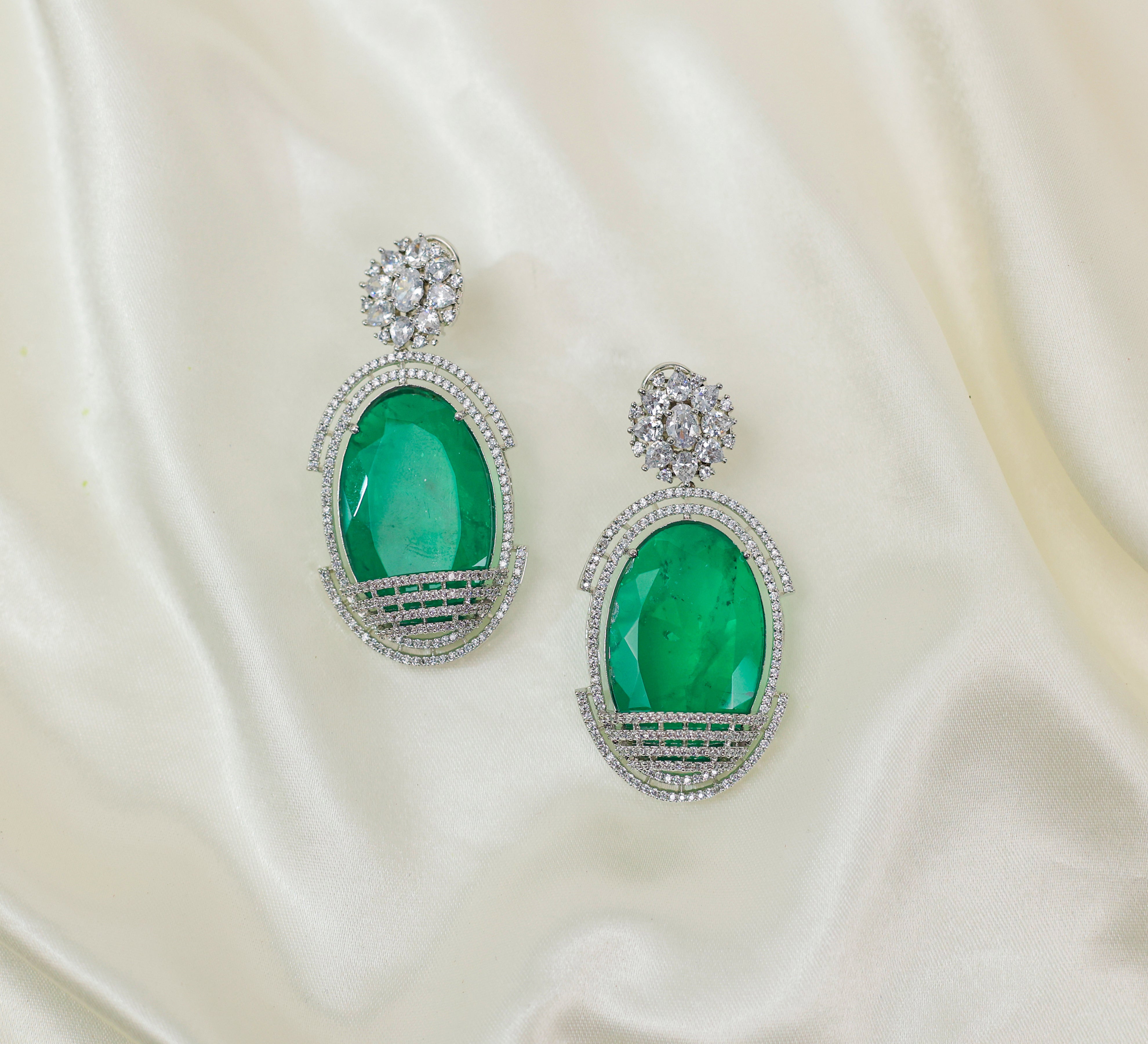 Doublet Stones Earrings with White Rhodium Plating - Adisha Jewels