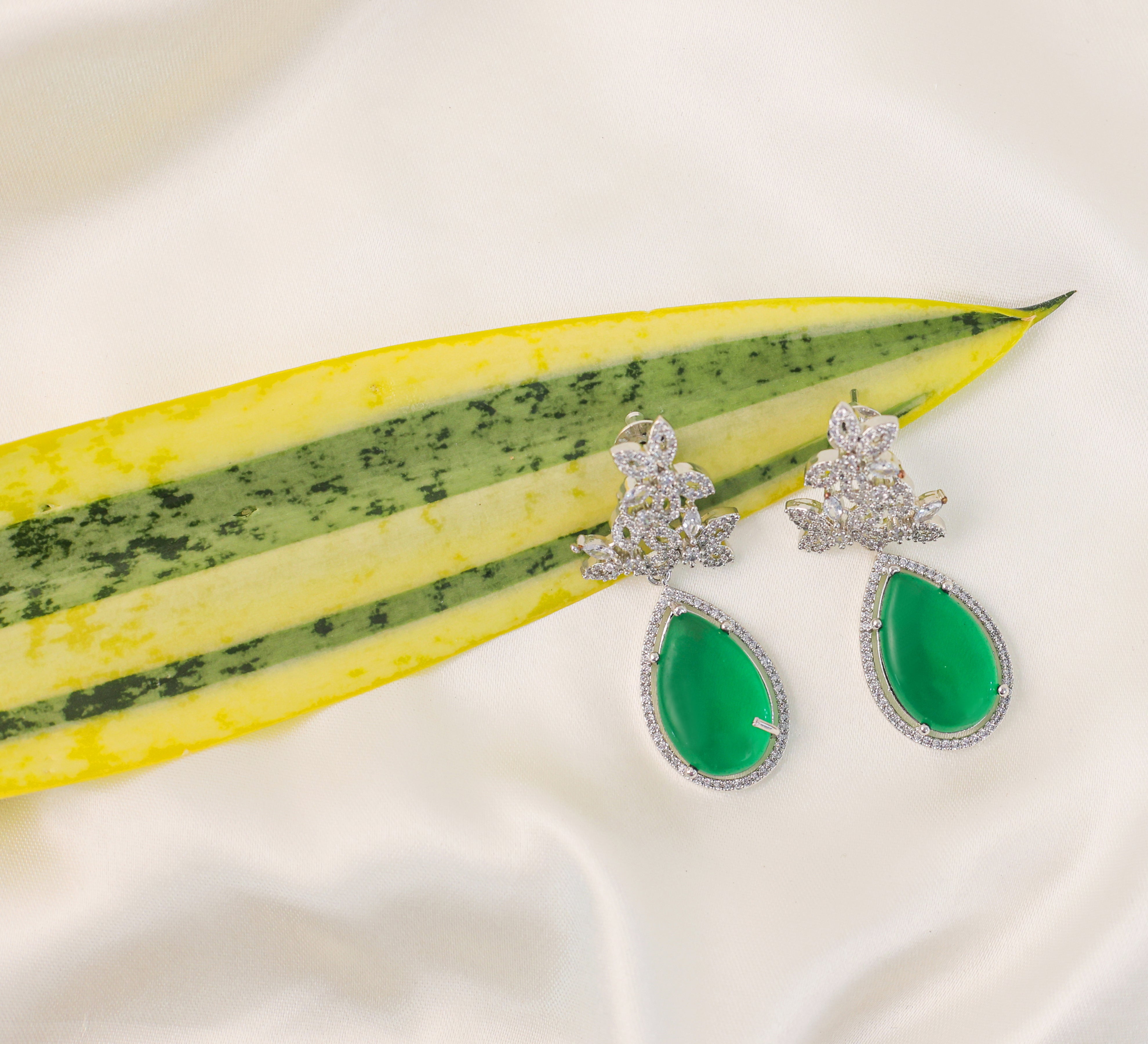 Hydro Stones Earrings with White Rhodium Plating - Adisha Jewels