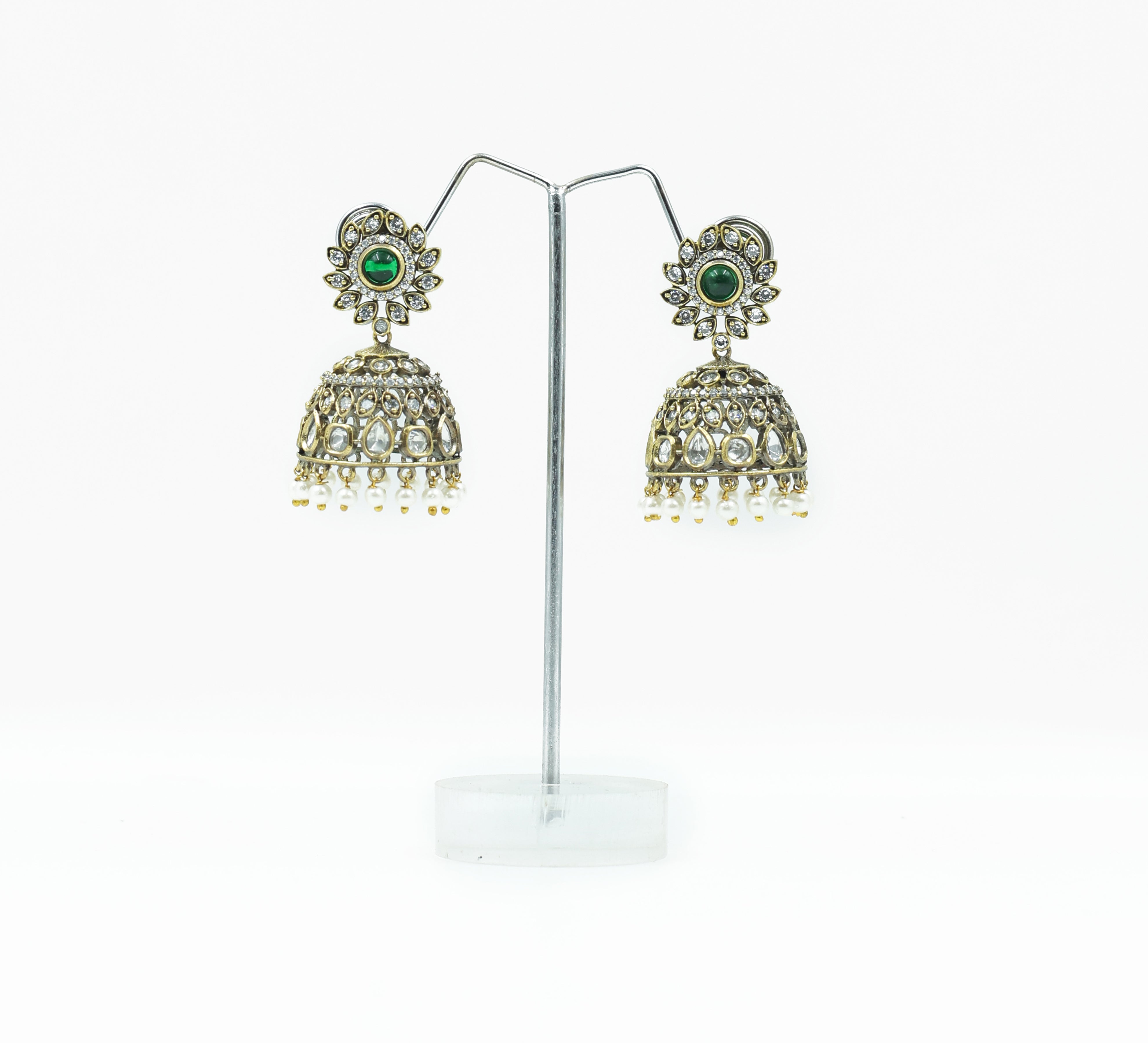 Silver Foil Victorian Jhumki Earrings with Kundan Polki and Hydro Stones - Adisha Jewels