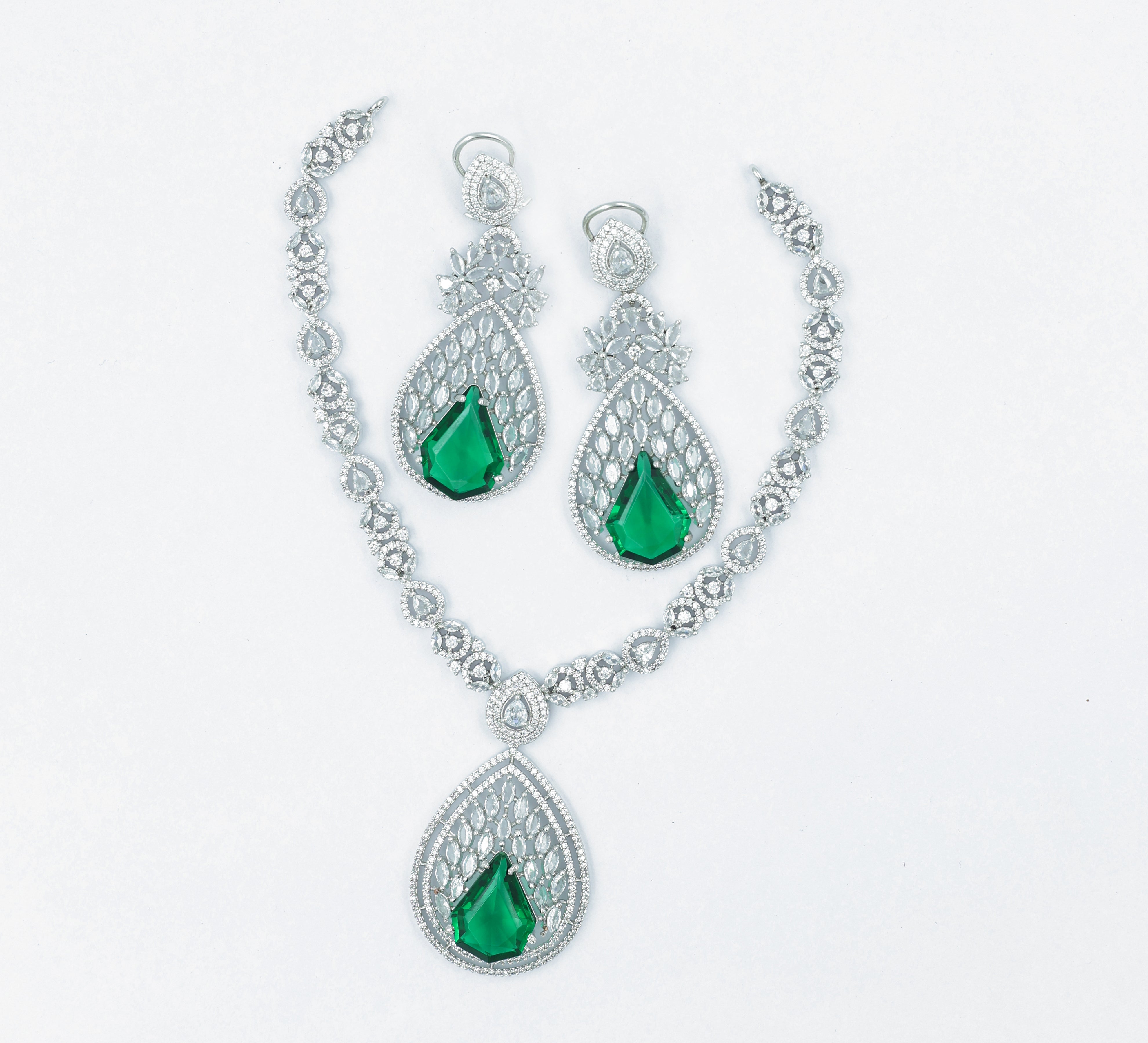 White Rhodium Necklace Set with Cubic Zirconia and Hydro Stones - Adisha Jewels