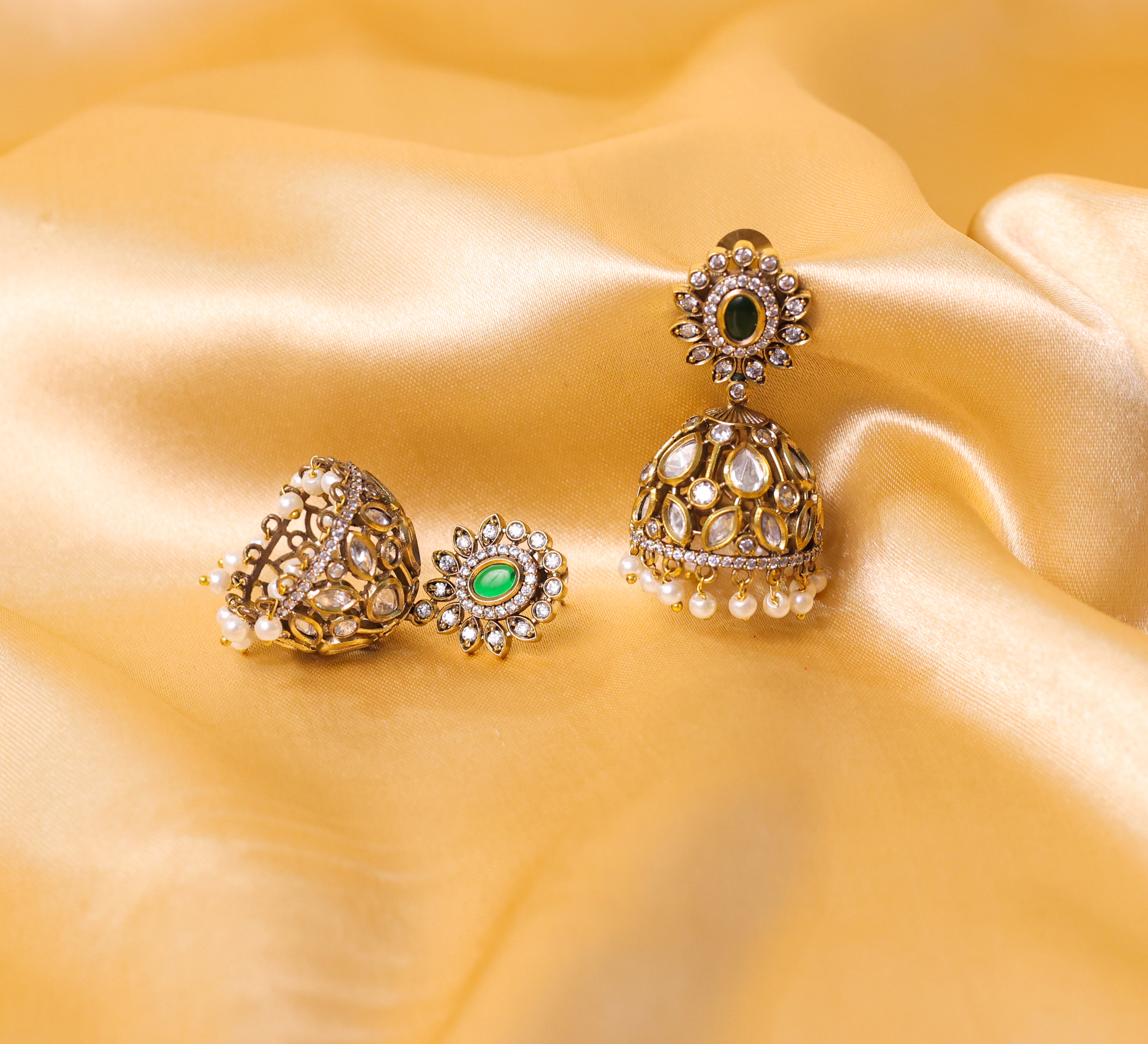 Silver Foil Victorian Jhumki Earrings with Kundan Polki and Hydro Stones - Adisha Jewels