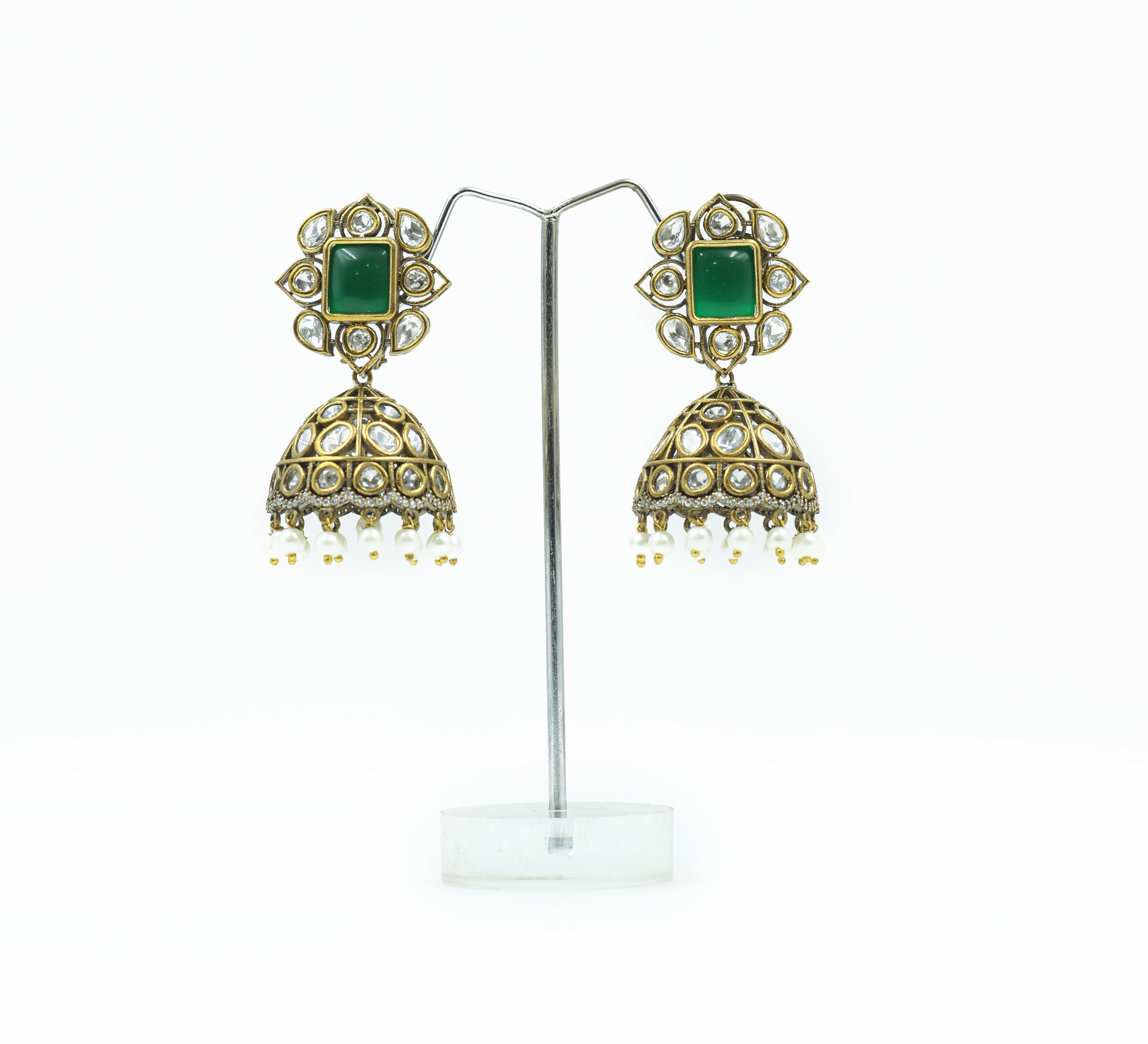 Silver Foil Victorian Jhumki Earrings with Kundan Polki and Hydro Stones - Adisha Jewels