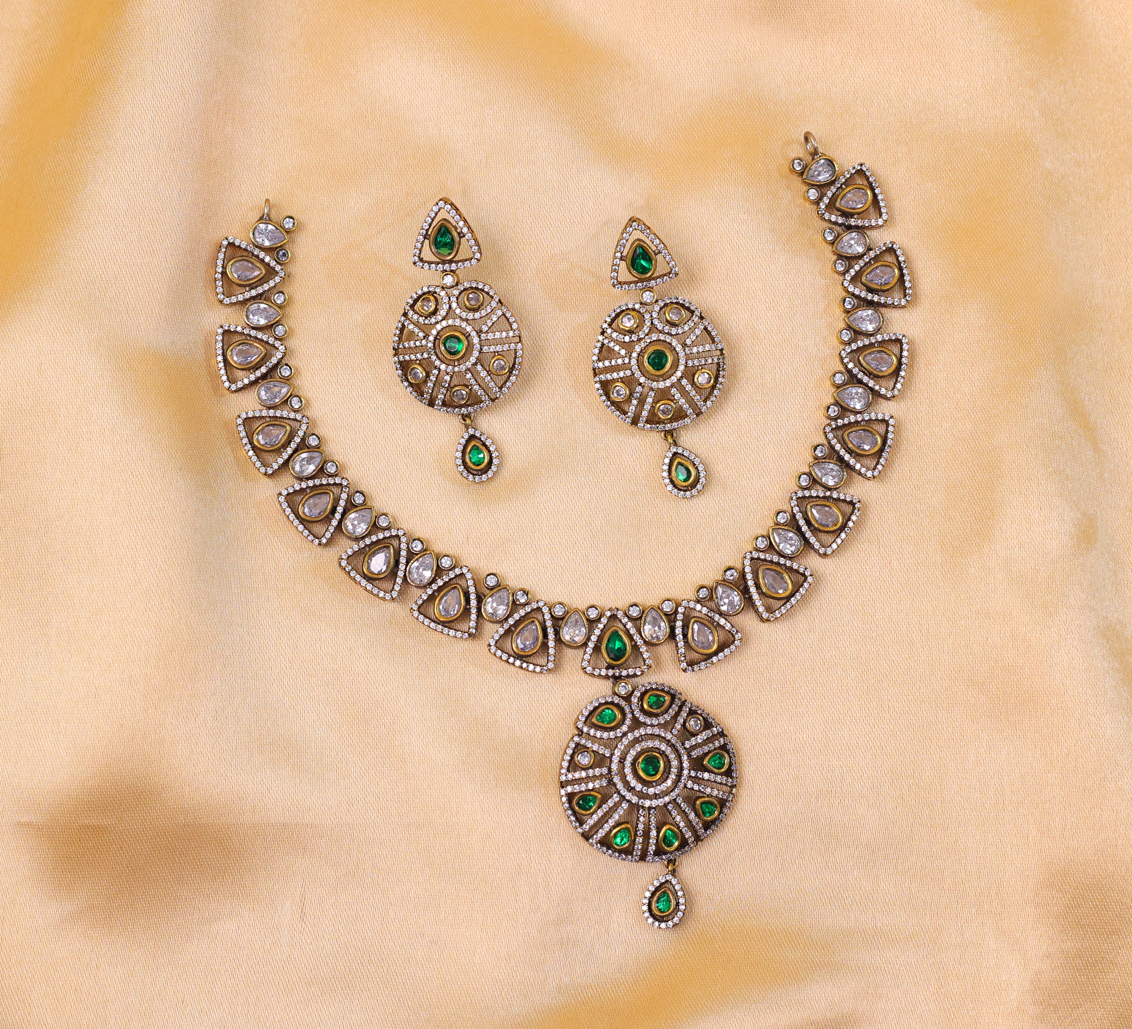 Victorian-Inspired Kundan Polki Necklace Set with Hydro Stones - Adisha Jewels