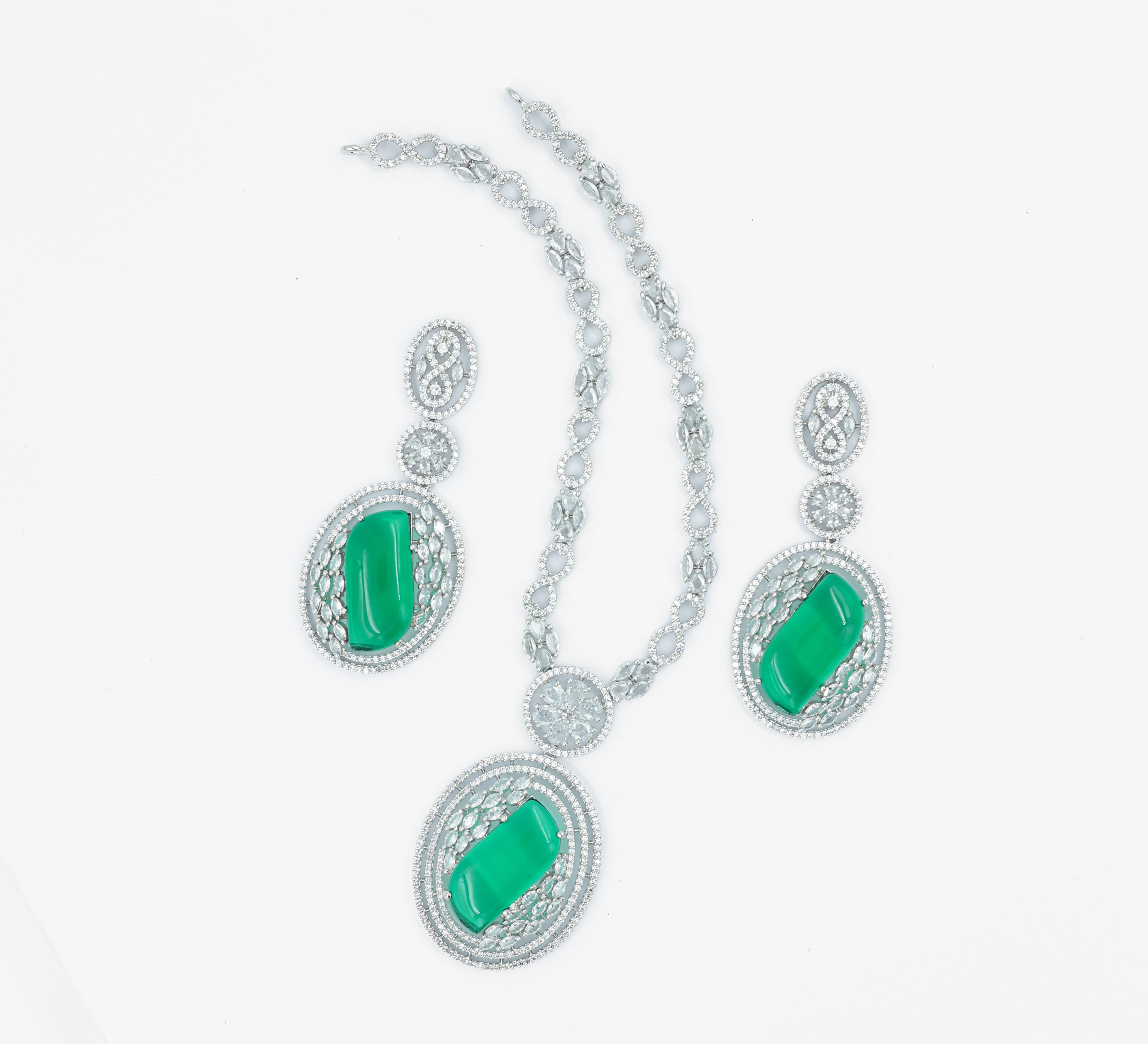 White Rhodium Necklace Set with Cubic Zirconia and Hydro Stones - Adisha Jewels