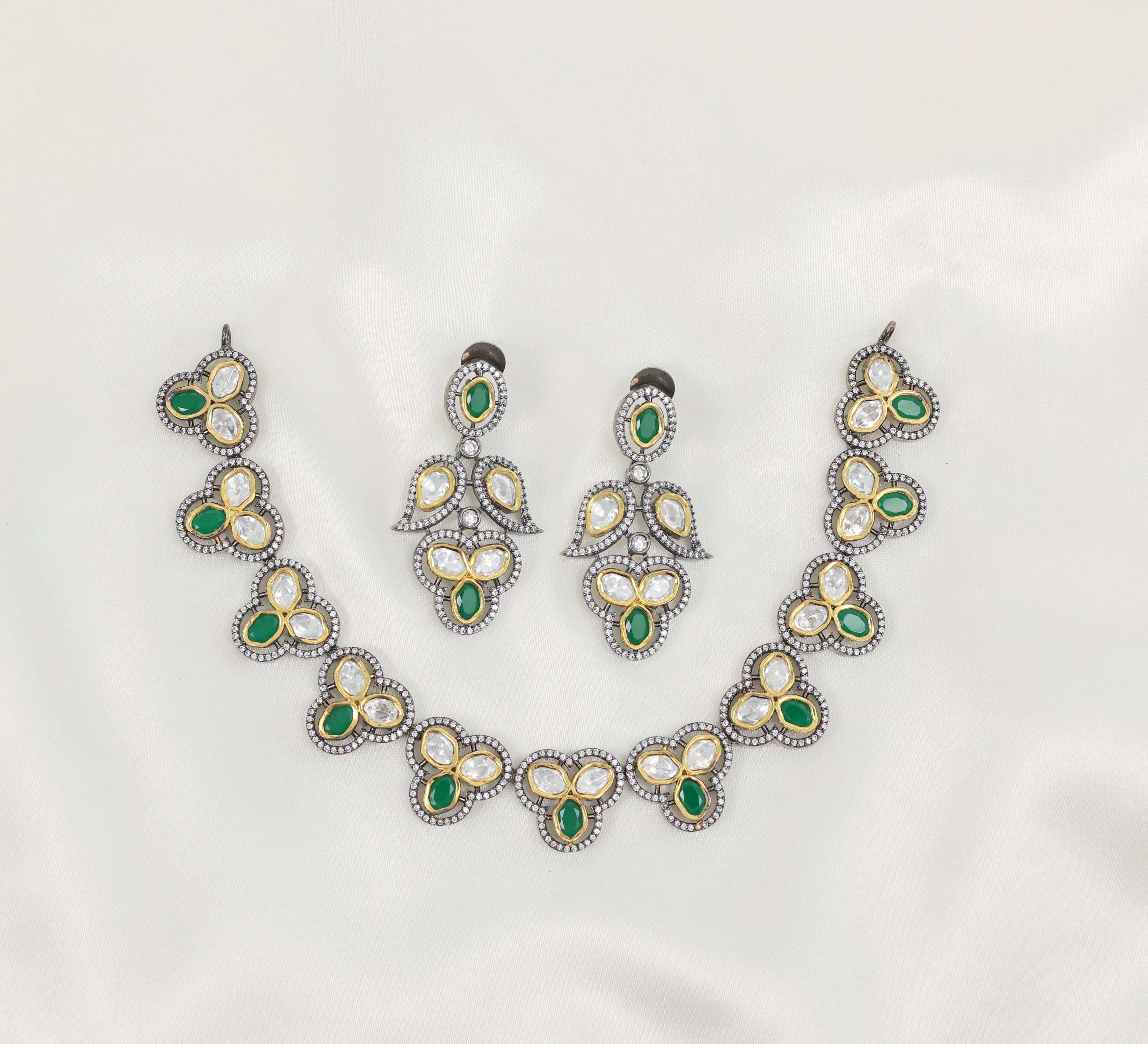 Victorian-Inspired Necklace Set with Hydro Stones & Kundan Polki - Adisha Jewels