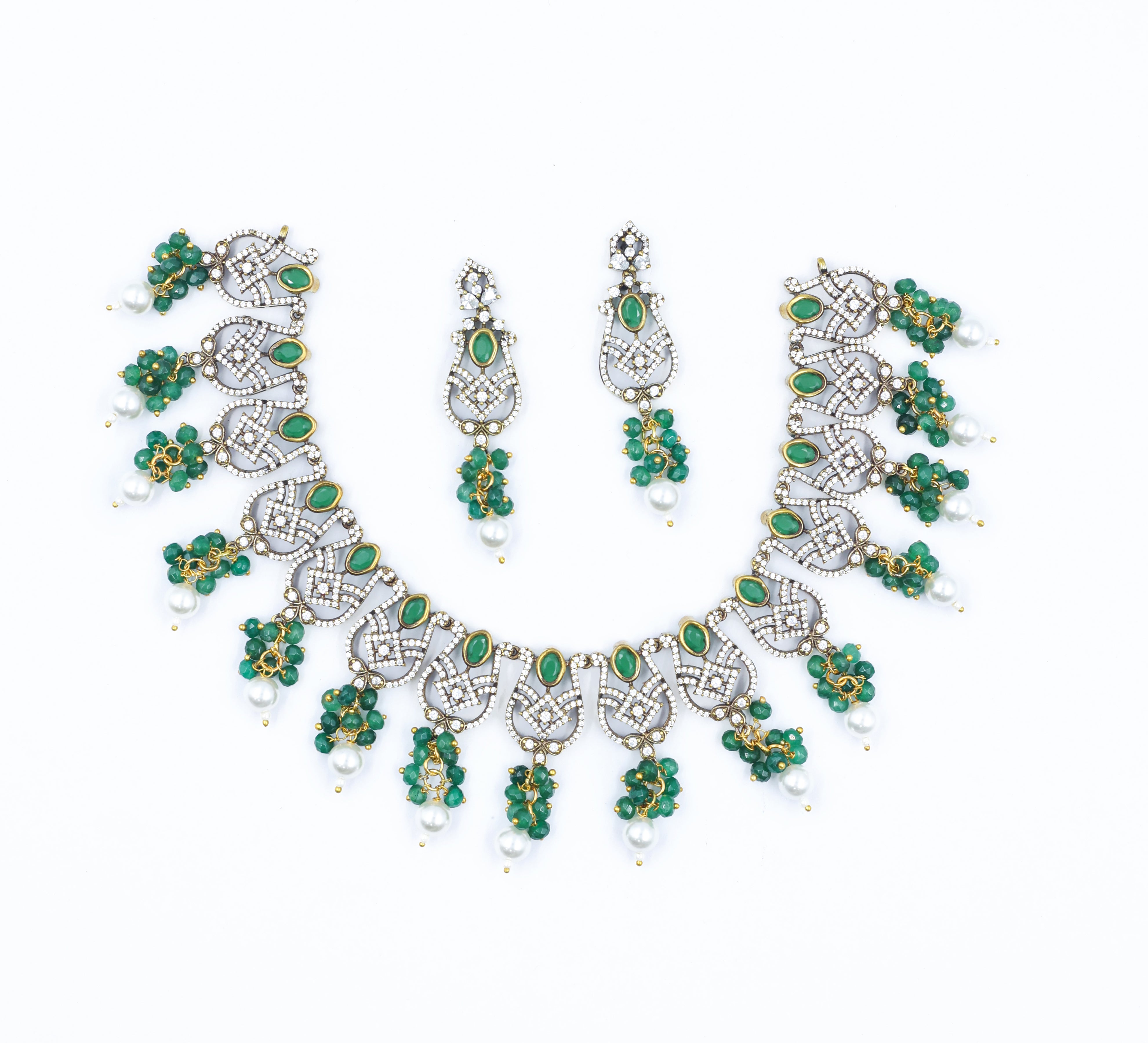 Victorian Antique Necklace Set with Colored Stones and American Diamonds - Adisha Jewels