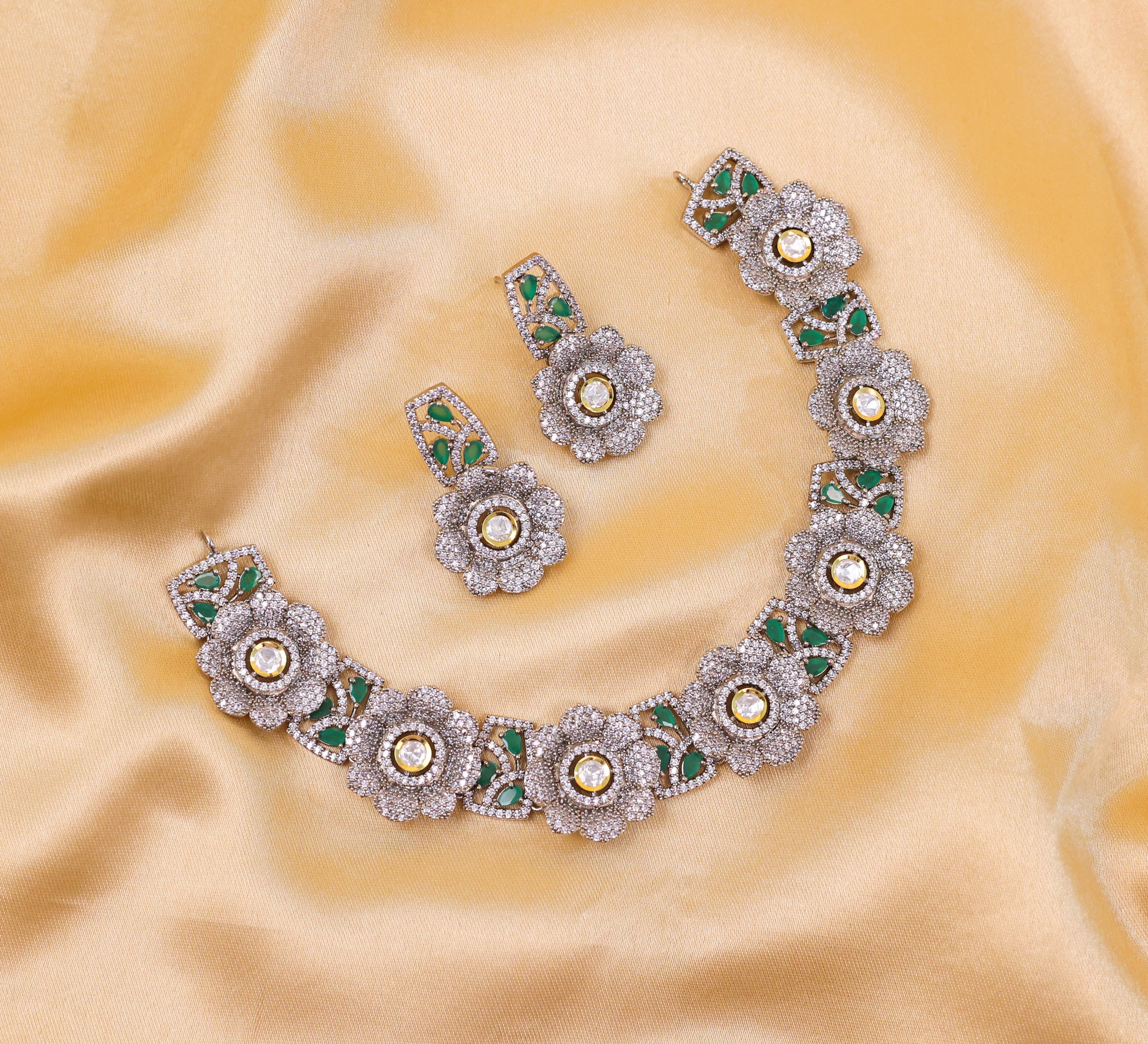 Kundan Polki and Hydro Stones Necklace Set in Antique Silver - Adisha Jewels