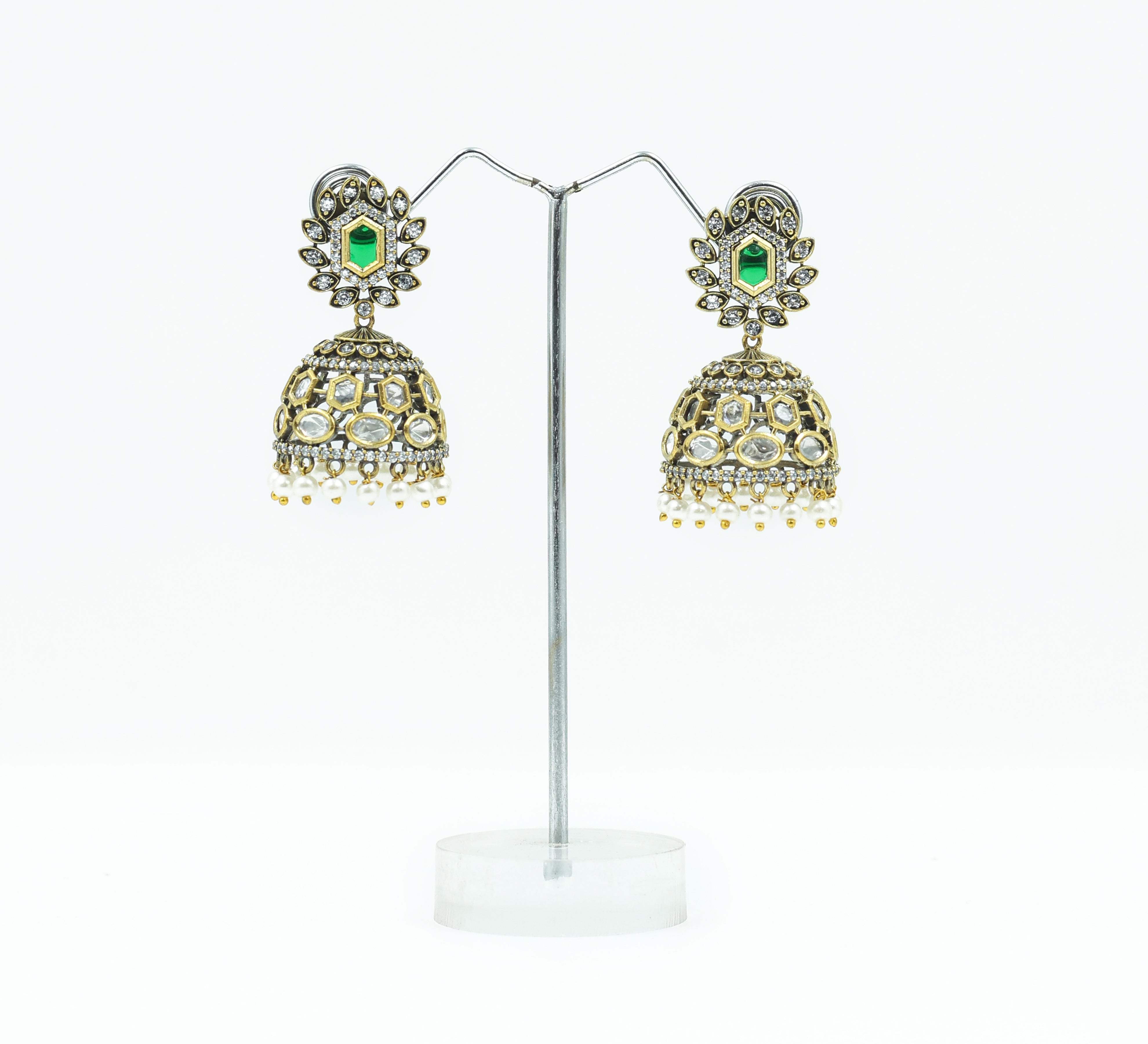 Silver Foil Victorian Jhumki Earrings with Kundan Polki and Hydro Stones - Adisha Jewels