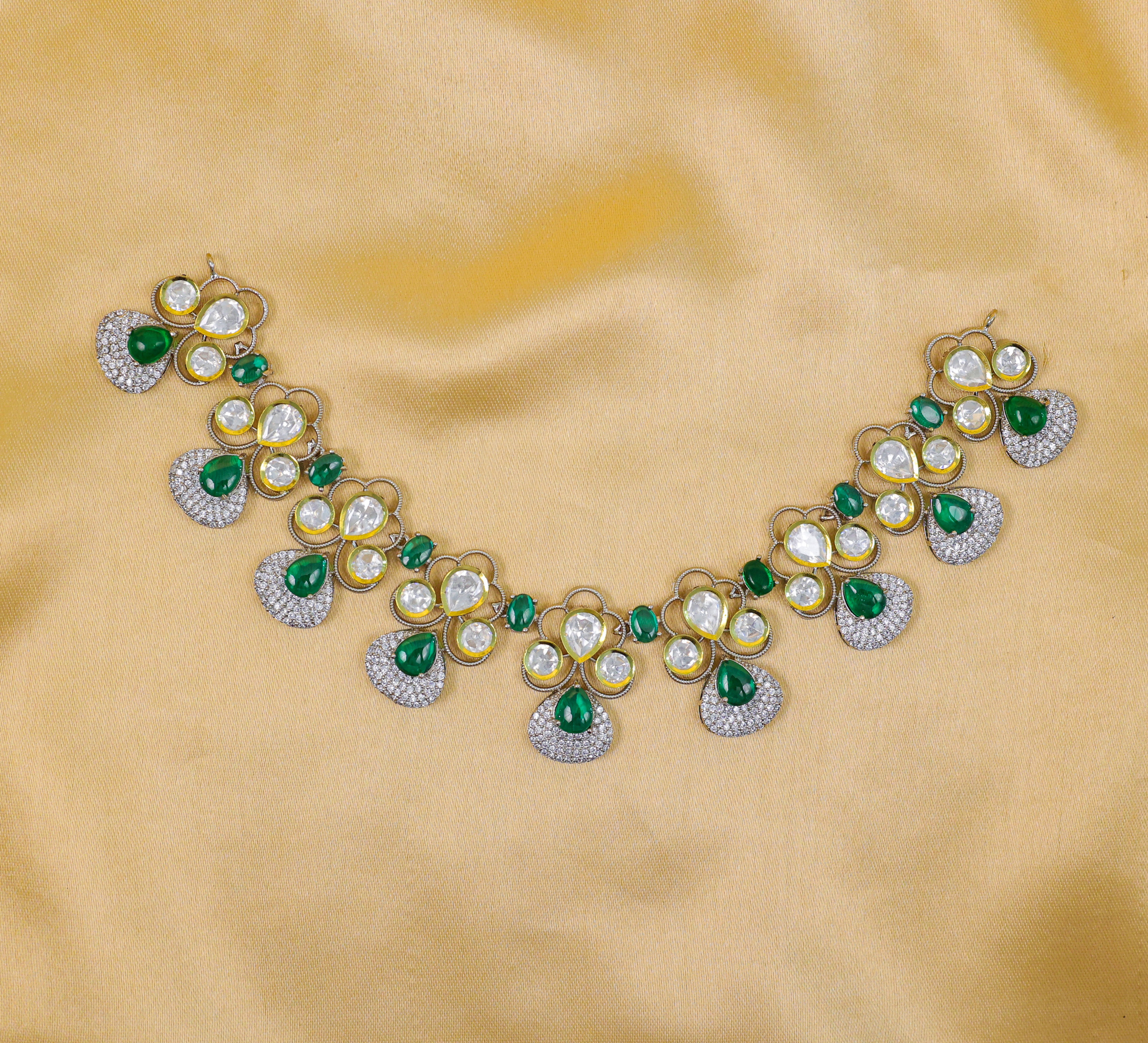 Victorian-Inspired Necklace Set with Hydro Stones & Kundan Polki - Adisha Jewels