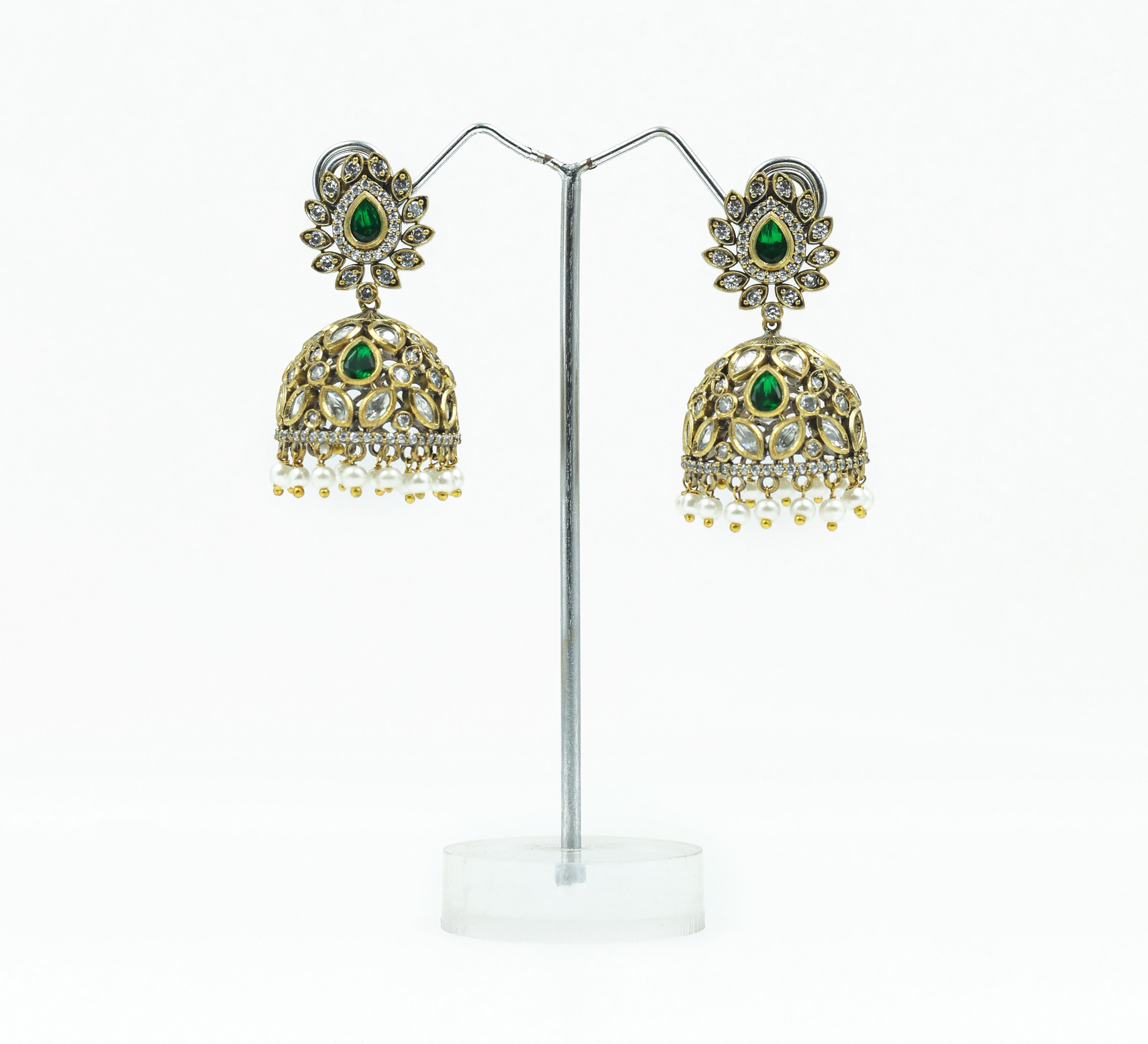 Silver Foil Victorian Jhumki Earrings with Kundan Polki and Hydro Stones - Adisha Jewels