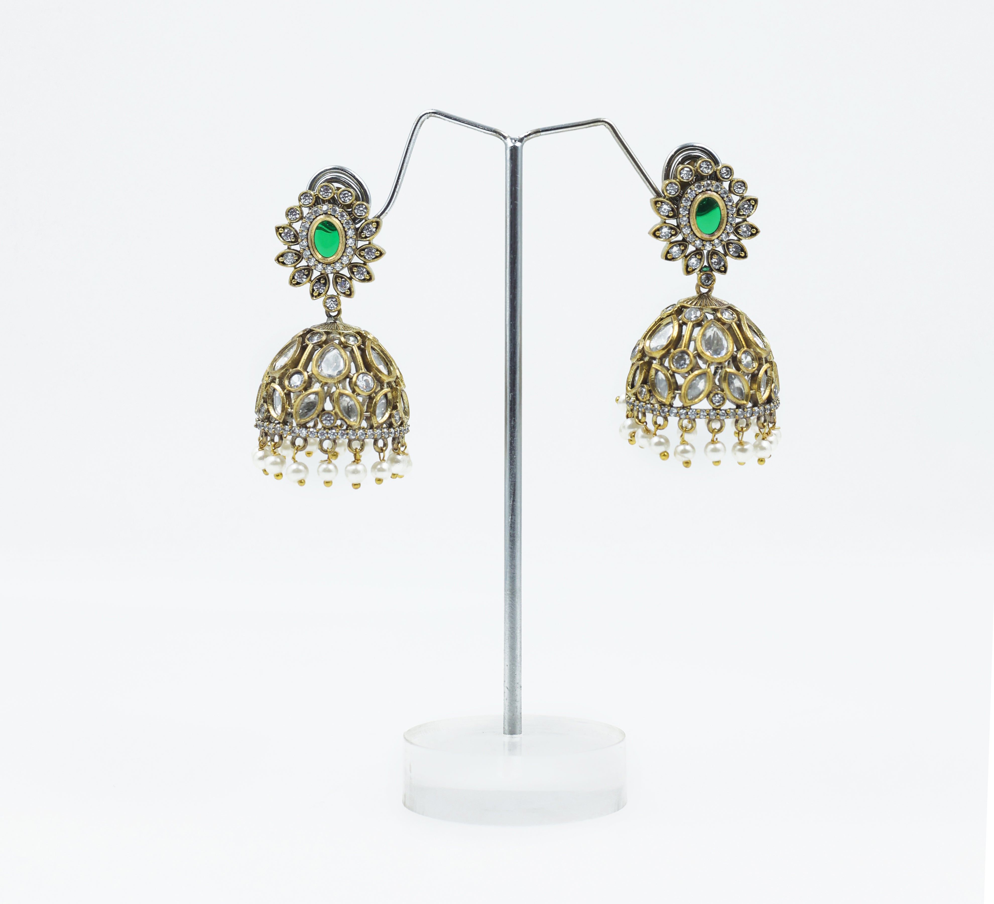 Silver Foil Victorian Jhumki Earrings with Kundan Polki and Hydro Stones - Adisha Jewels