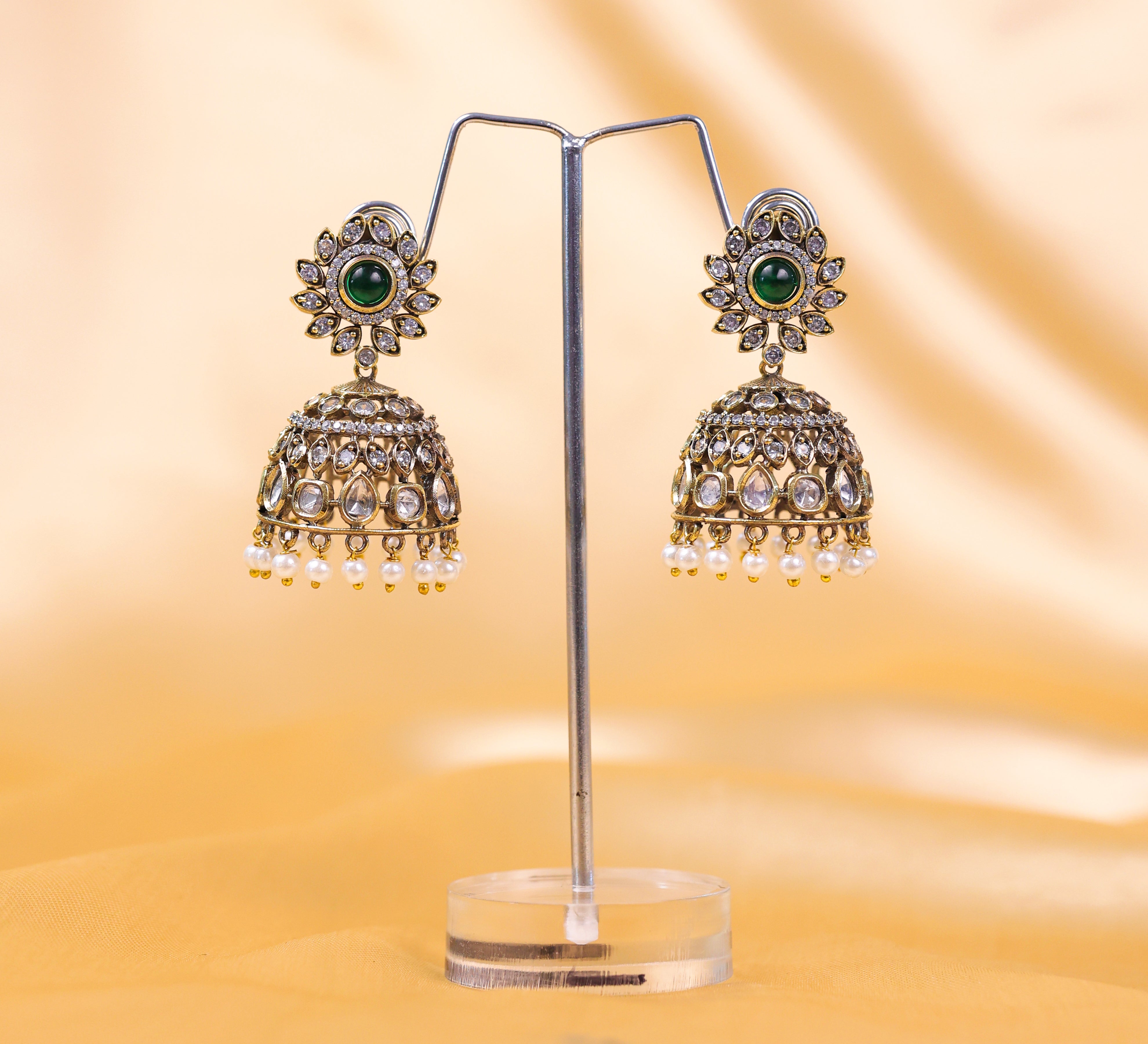 Silver Foil Victorian Jhumki Earrings with Kundan Polki and Hydro Stones - Adisha Jewels