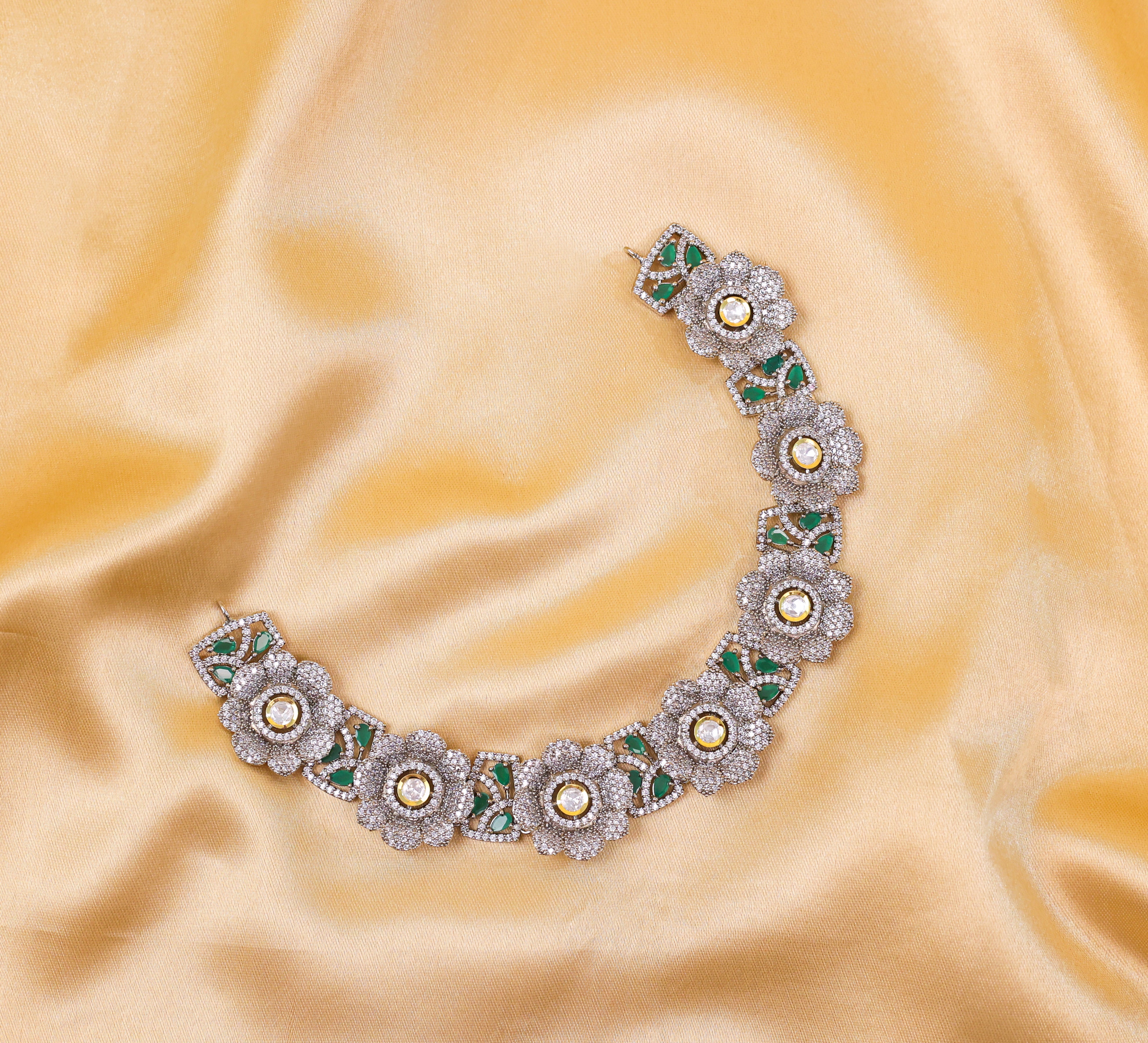 Kundan Polki and Hydro Stones Necklace Set in Antique Silver - Adisha Jewels