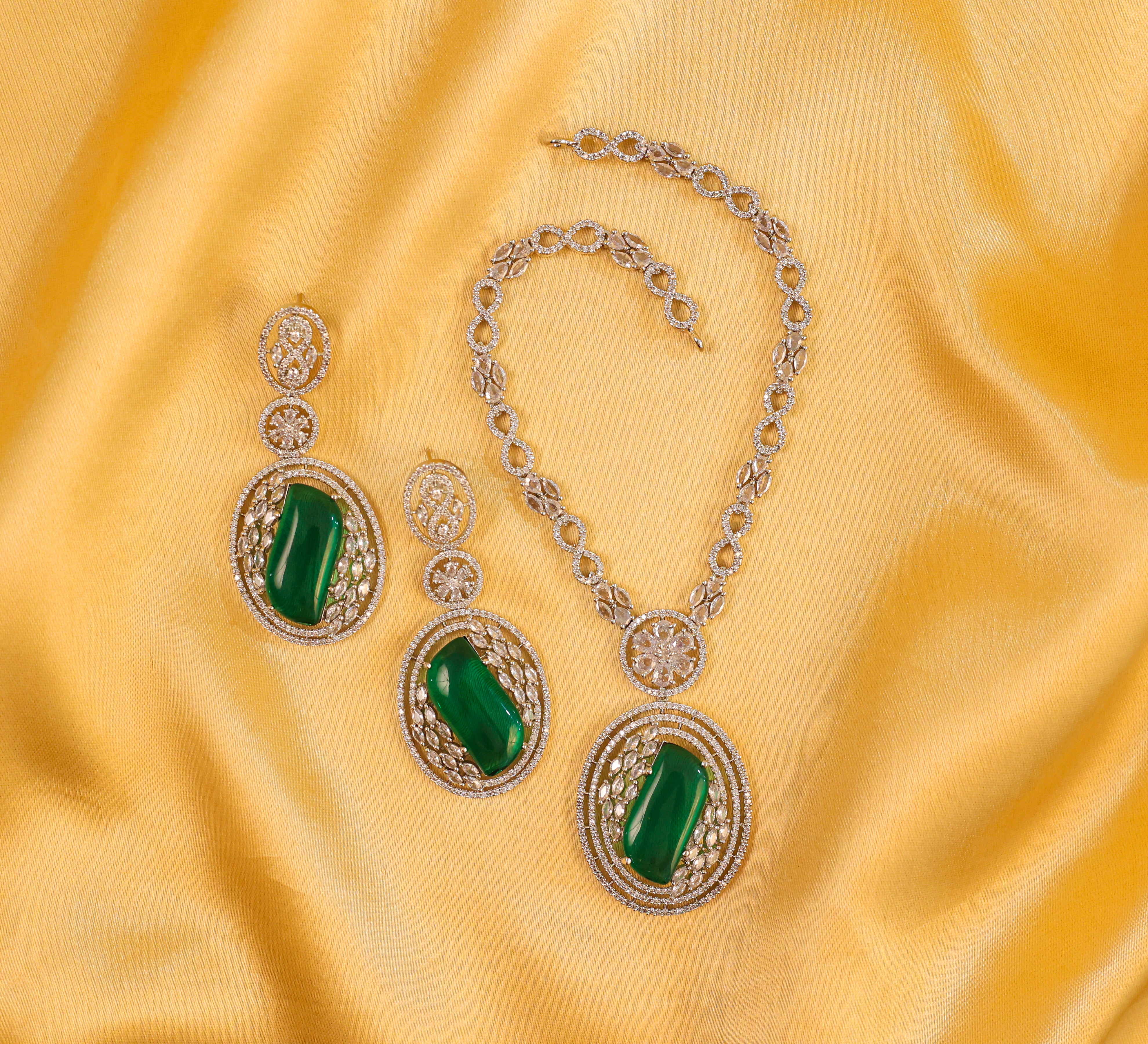 White Rhodium Necklace Set with Cubic Zirconia and Hydro Stones - Adisha Jewels