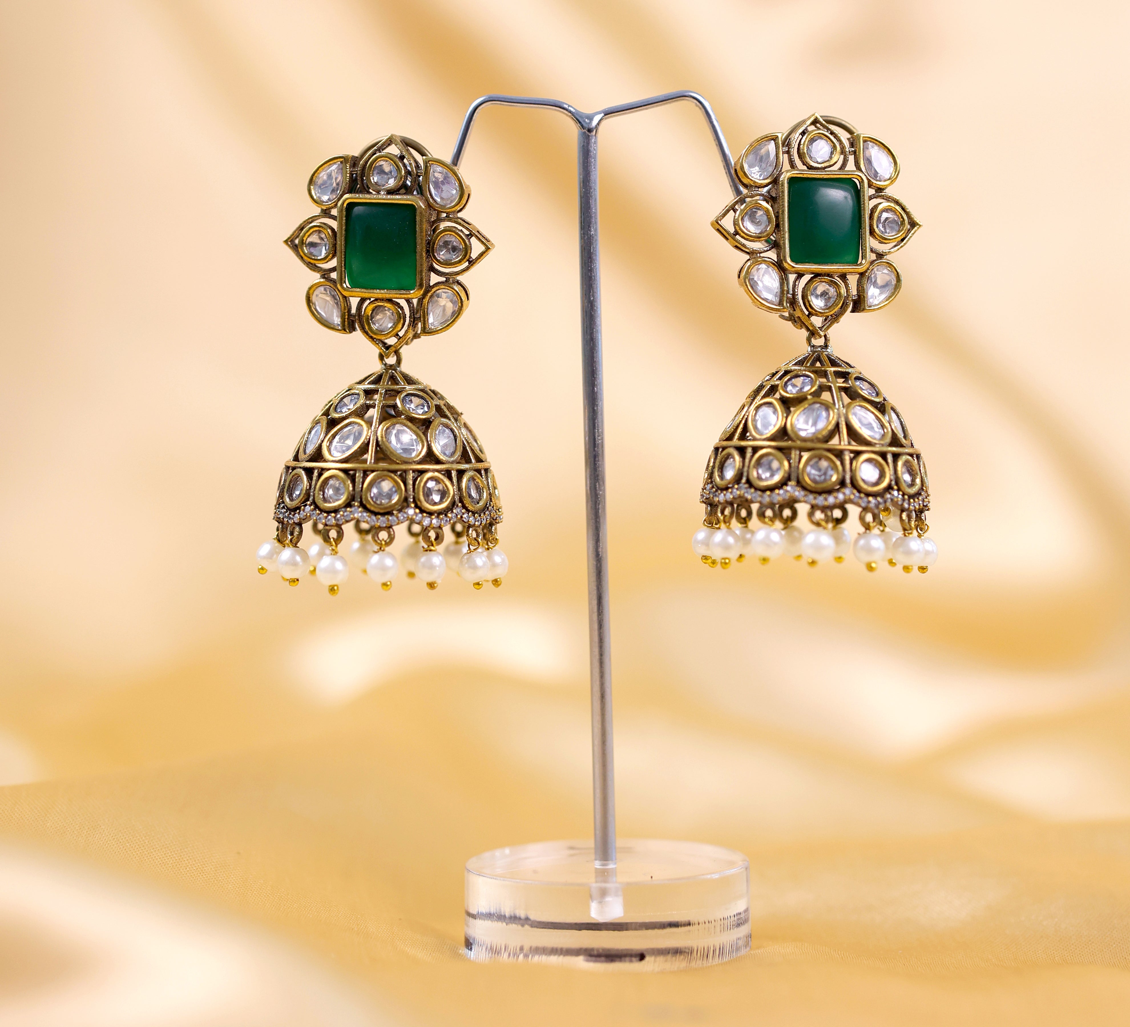 Silver Foil Victorian Jhumki Earrings with Kundan Polki and Hydro Stones - Adisha Jewels