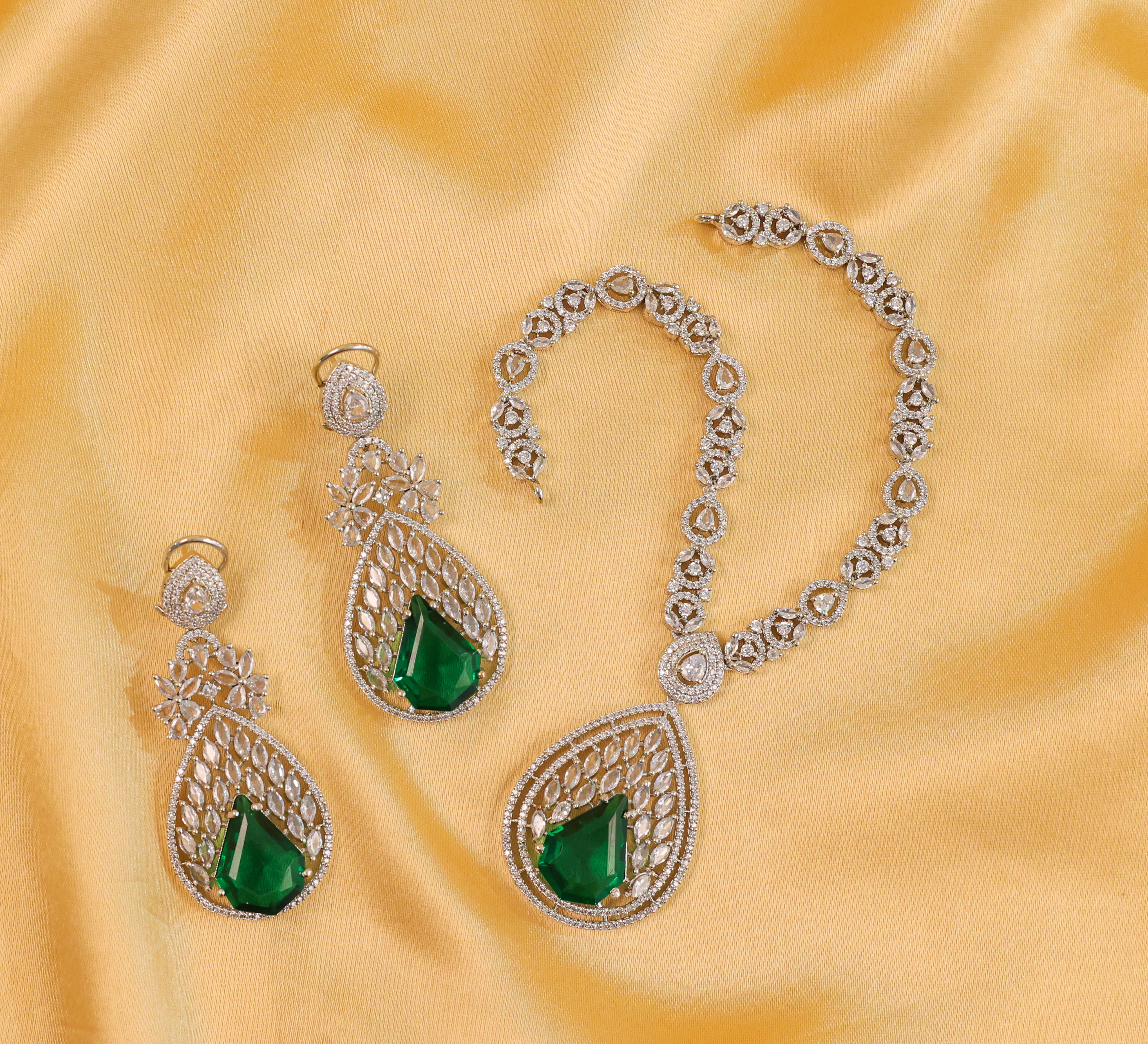 White Rhodium Necklace Set with Cubic Zirconia and Hydro Stones - Adisha Jewels