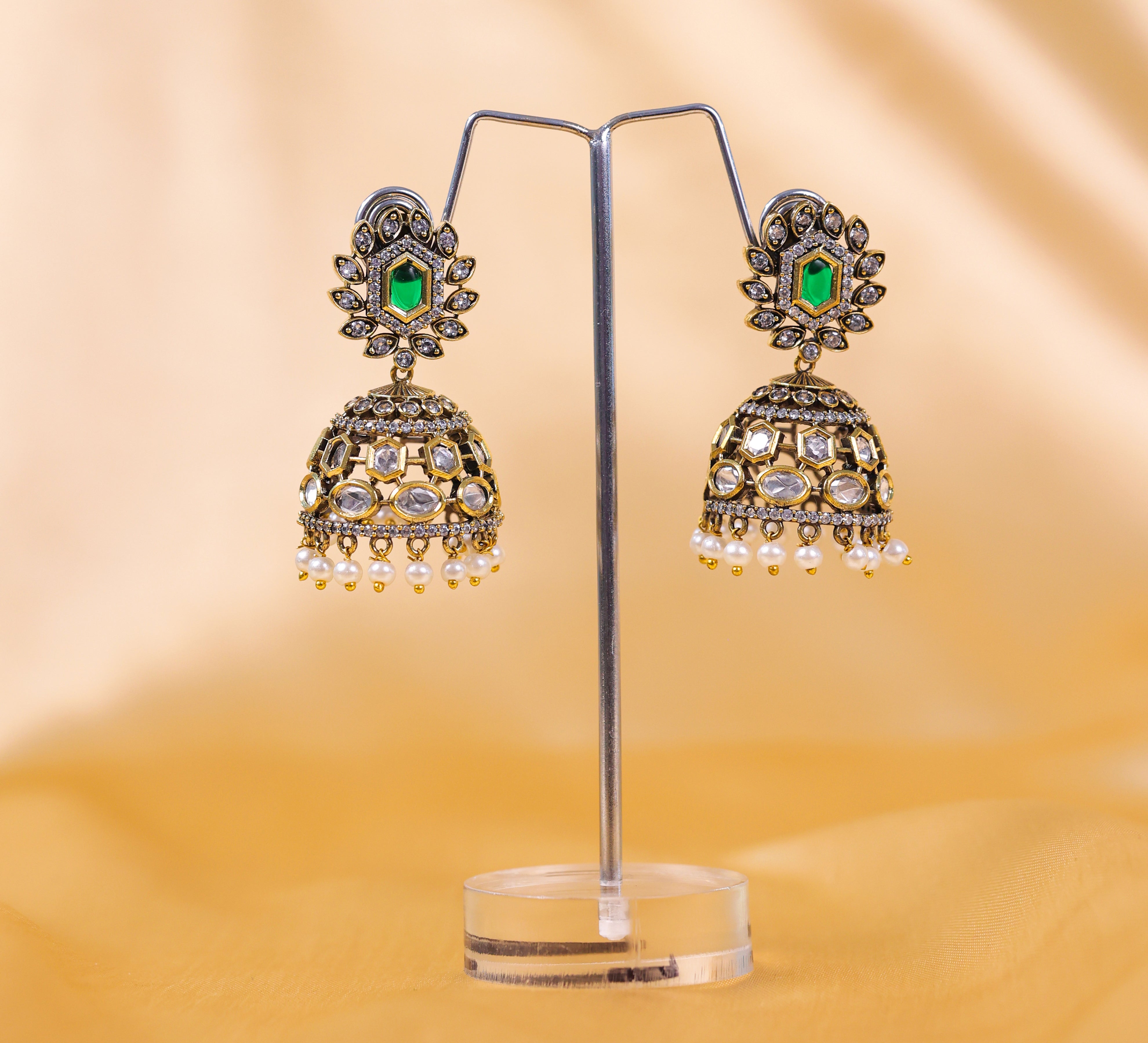 Silver Foil Victorian Jhumki Earrings with Kundan Polki and Hydro Stones - Adisha Jewels