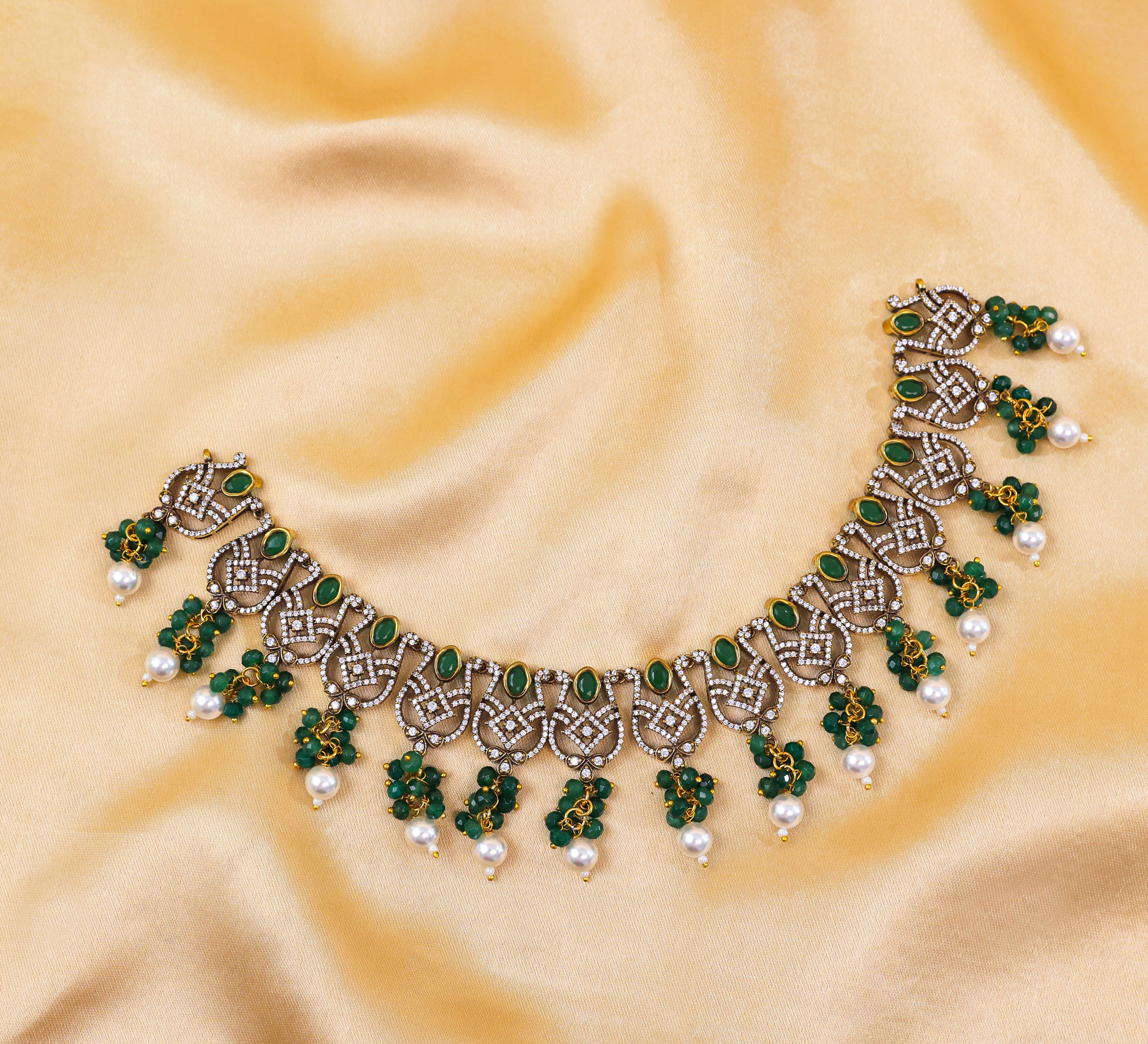 Victorian Antique Necklace Set with Colored Stones and American Diamonds - Adisha Jewels