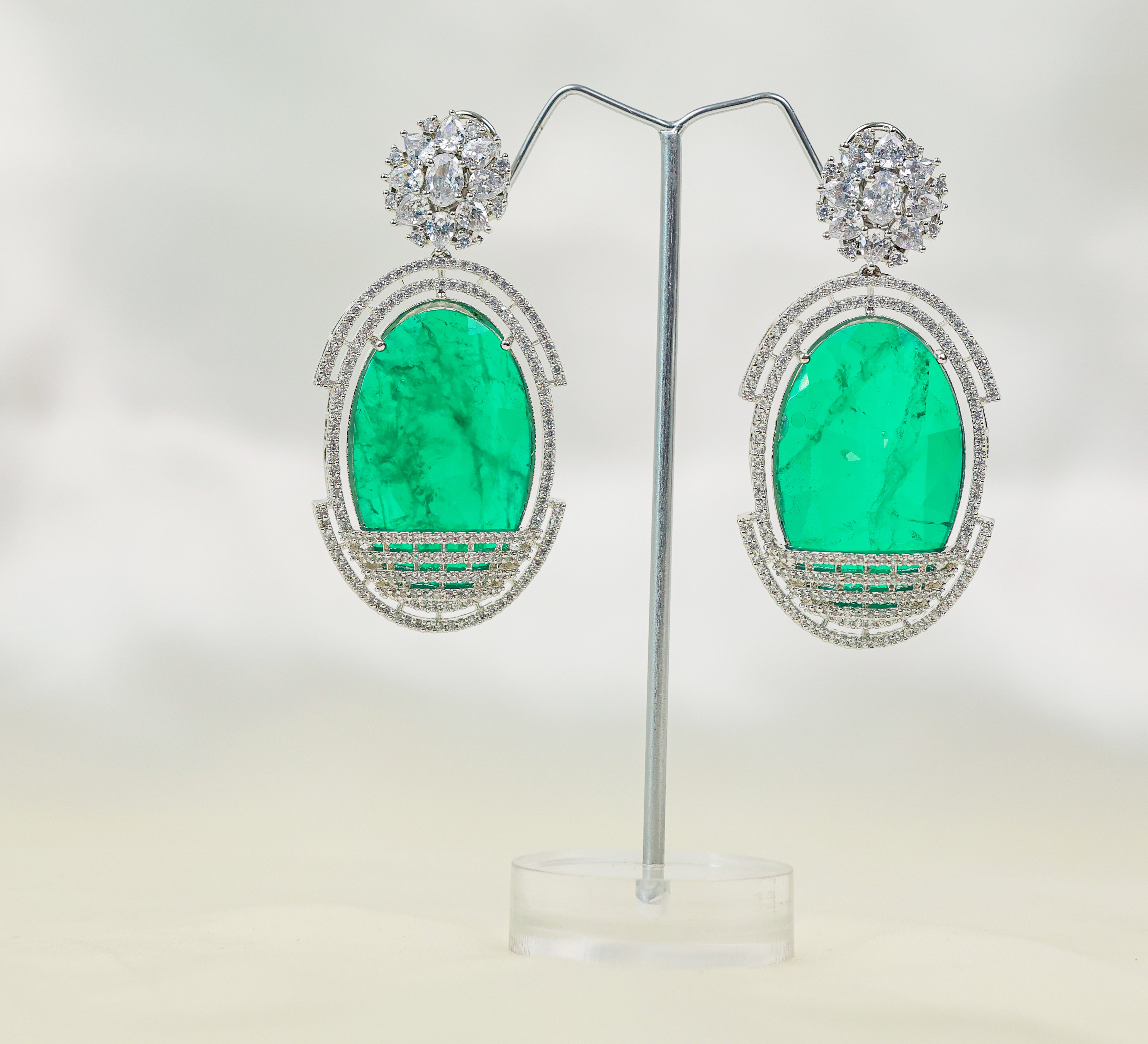 Doublet Stones Earrings with White Rhodium Plating - Adisha Jewels