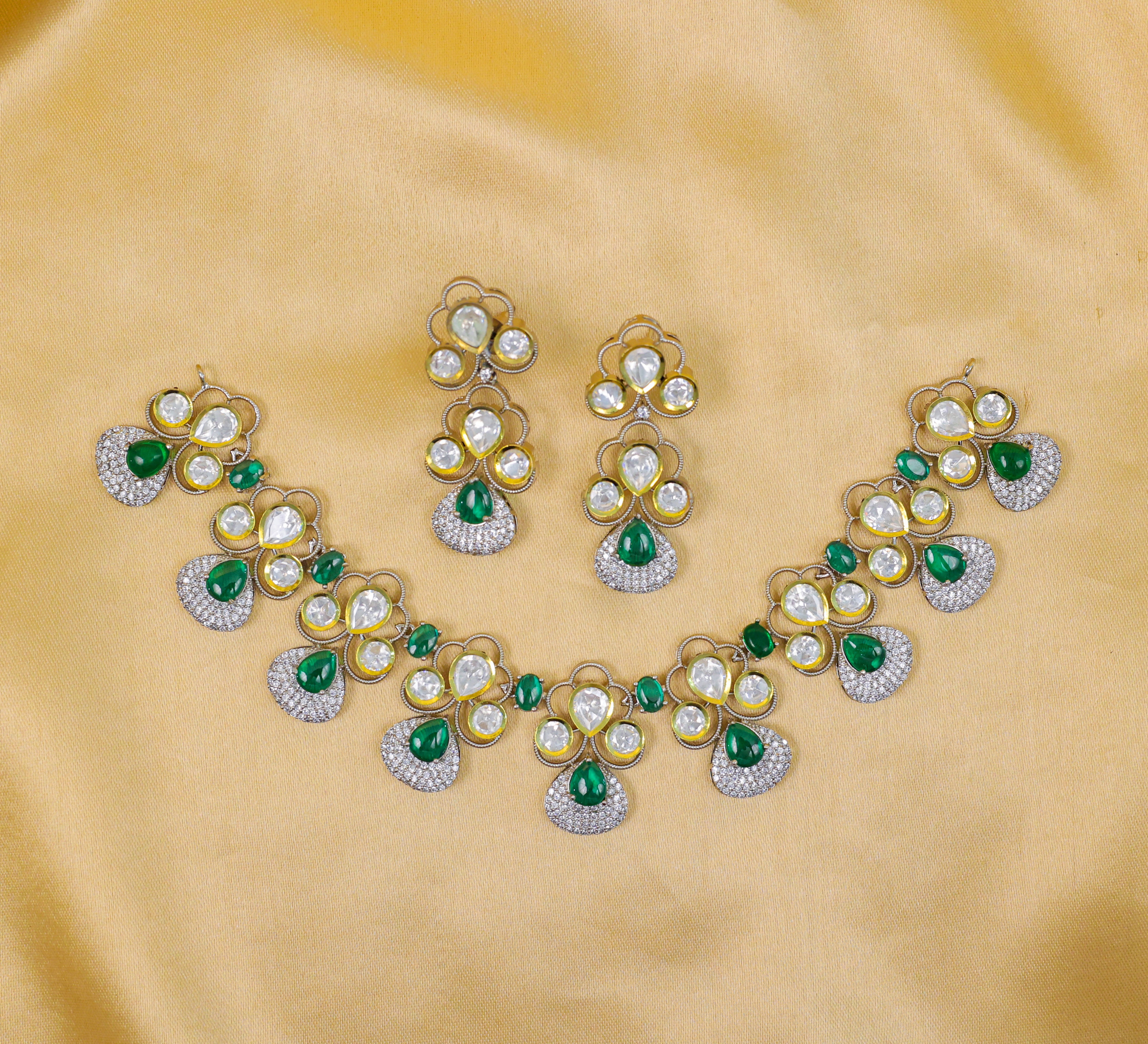 Victorian-Inspired Necklace Set with Hydro Stones & Kundan Polki - Adisha Jewels