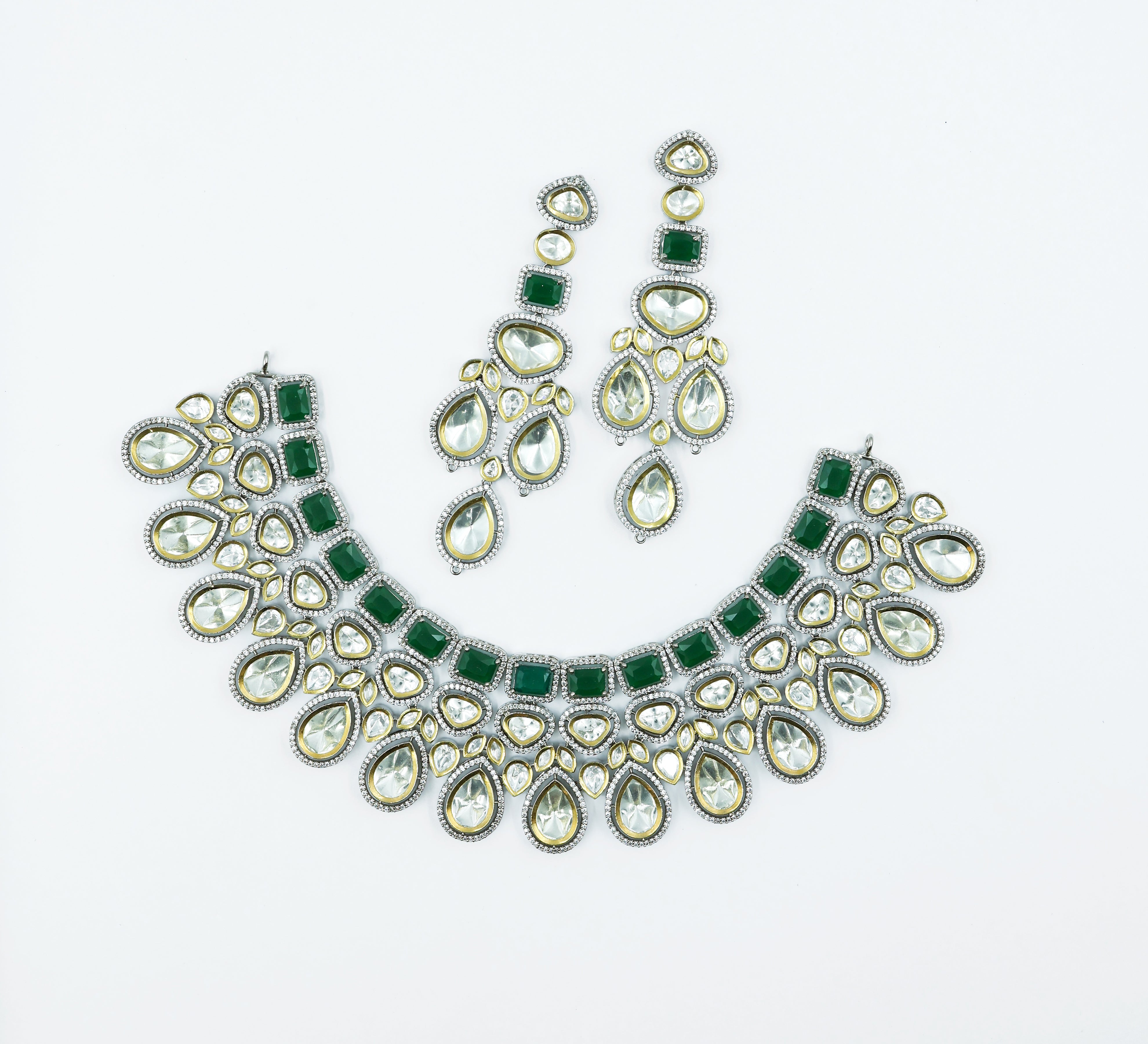 Victorian-Inspired Kundan Polki Necklace Set with Hydro Stones - Adisha Jewels