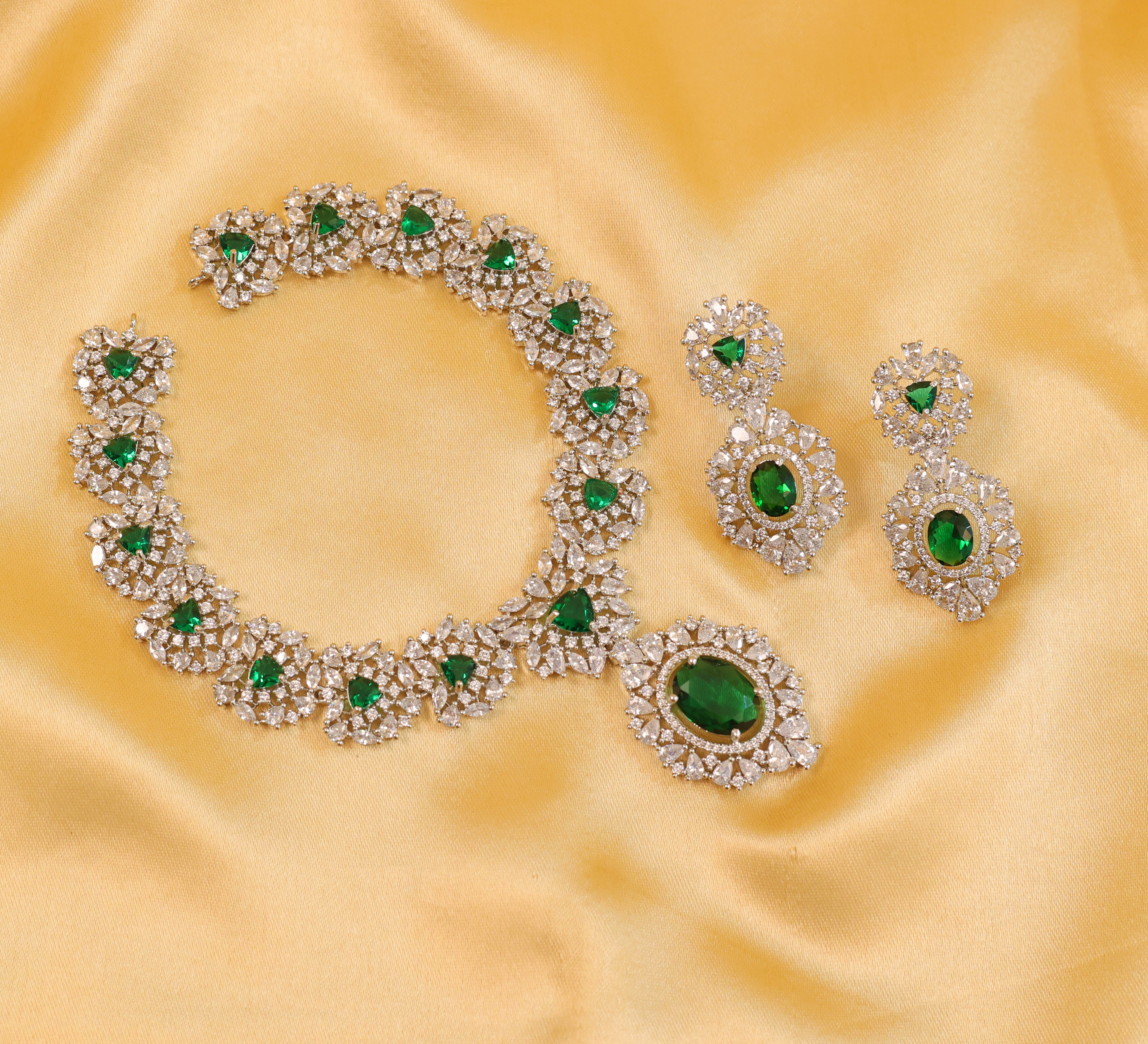 White Rhodium Necklace Set with Cubic Zirconia and Hydro Stones - Adisha Jewels