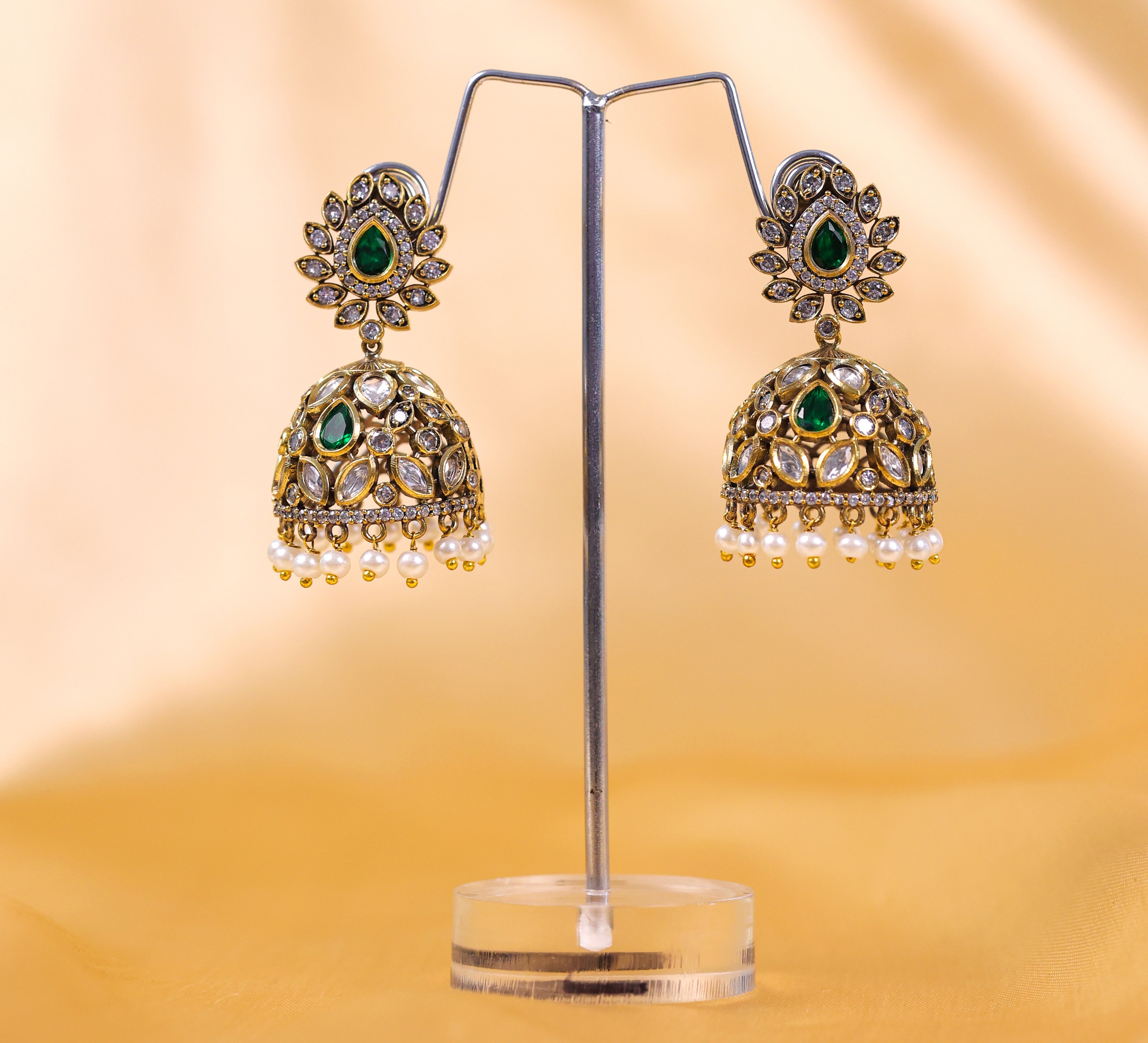 Silver Foil Victorian Jhumki Earrings with Kundan Polki and Hydro Stones - Adisha Jewels