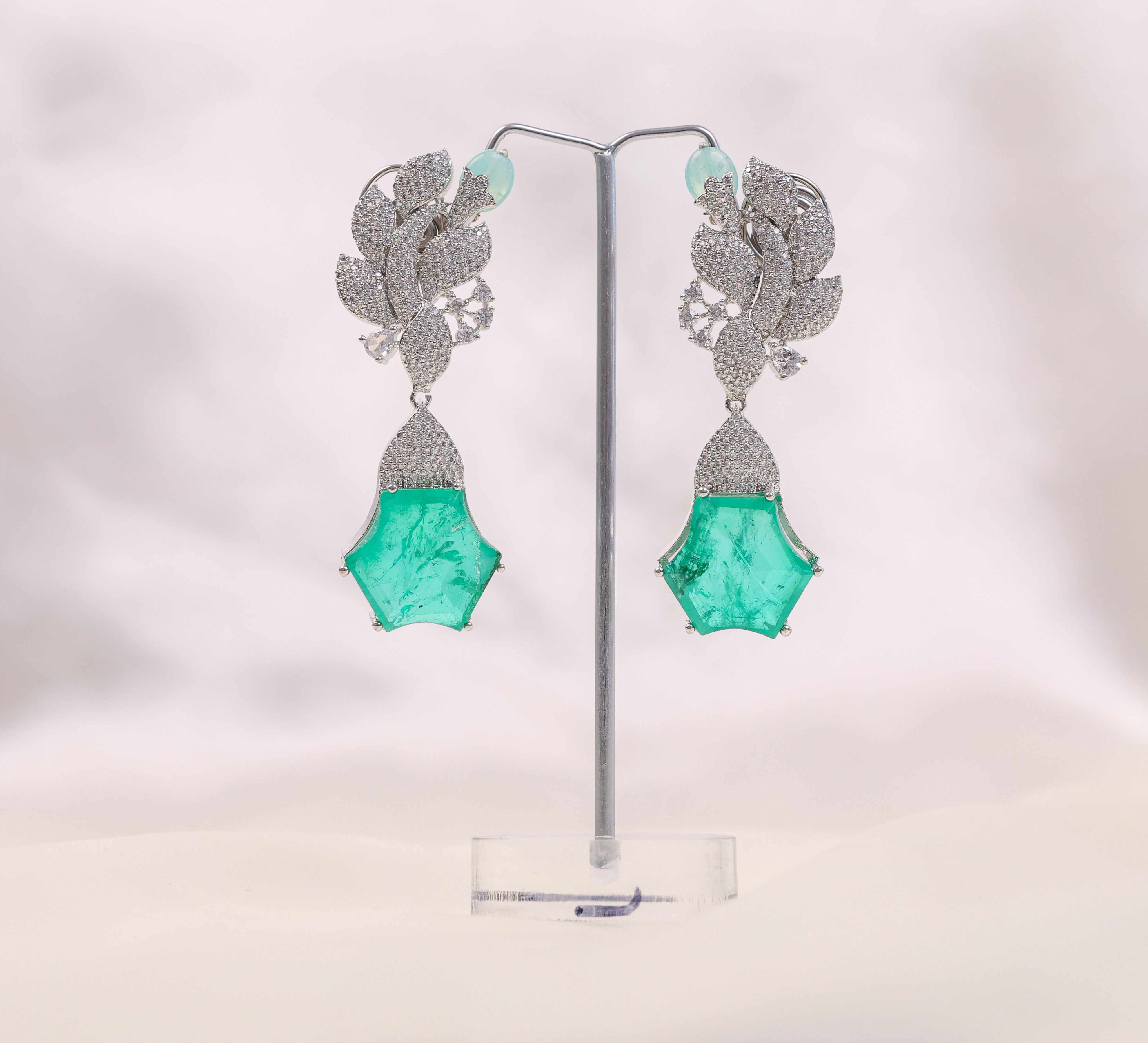 Beaded Earrings with Doublet Stones and CZ in White Rhodium - Adisha Jewels