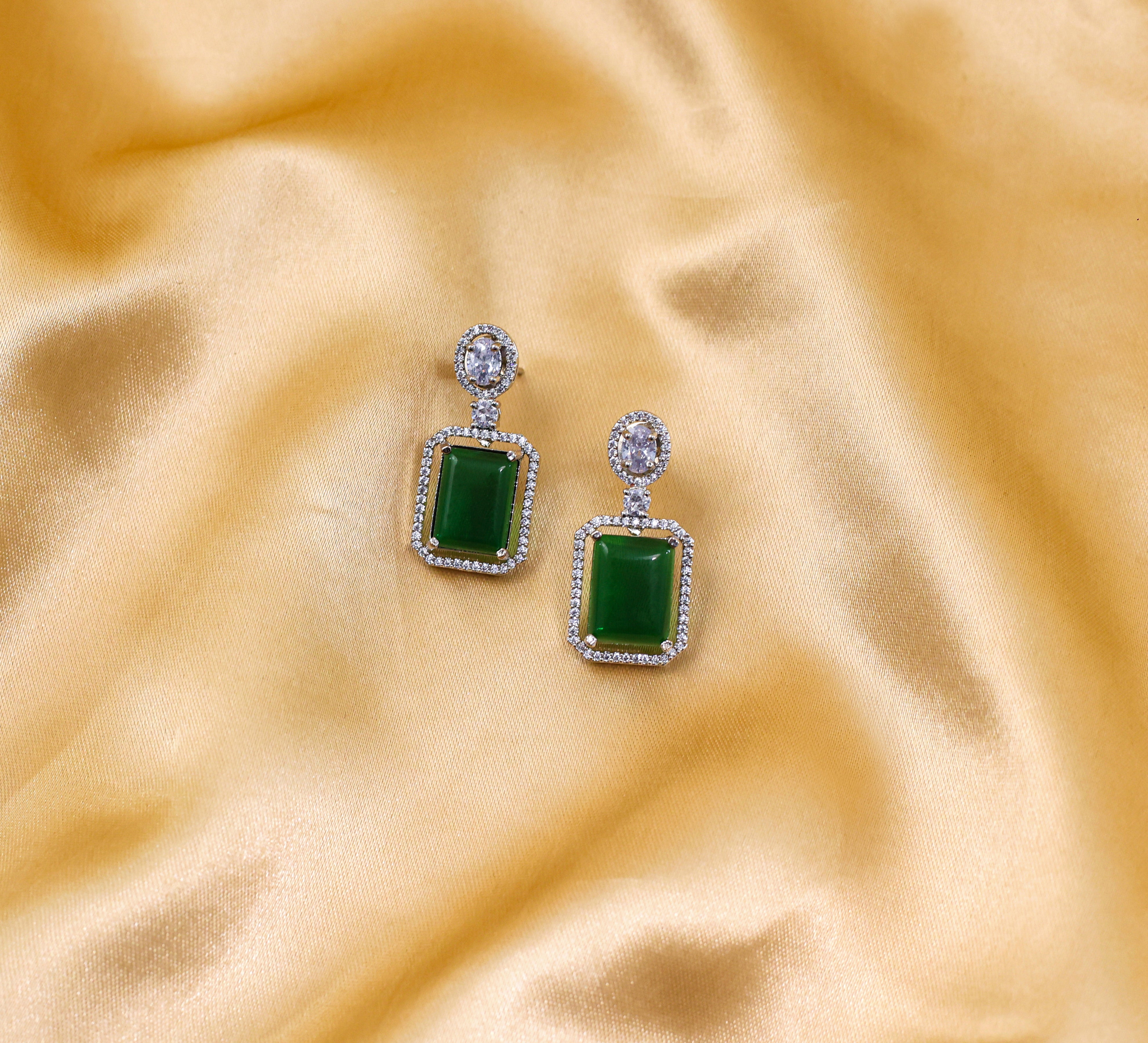 Earrings with Doublet Potta Stones and CZ Accents in White Rhodium - Adisha Jewels