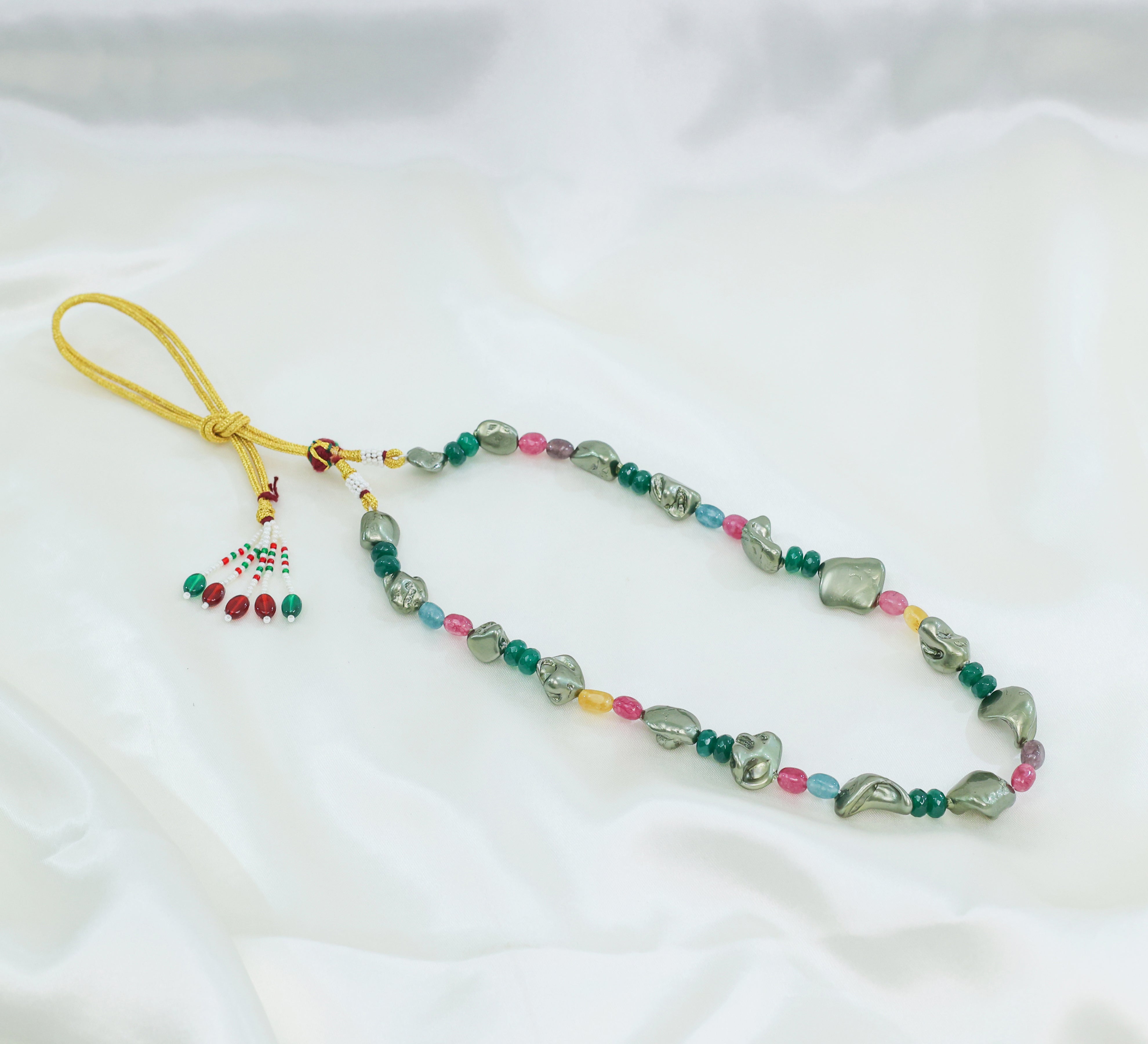 Gold-Plated Single-Layer Mala Set with Uncut Beads, Dumbles, and Duldul Beads - Adisha Jewels