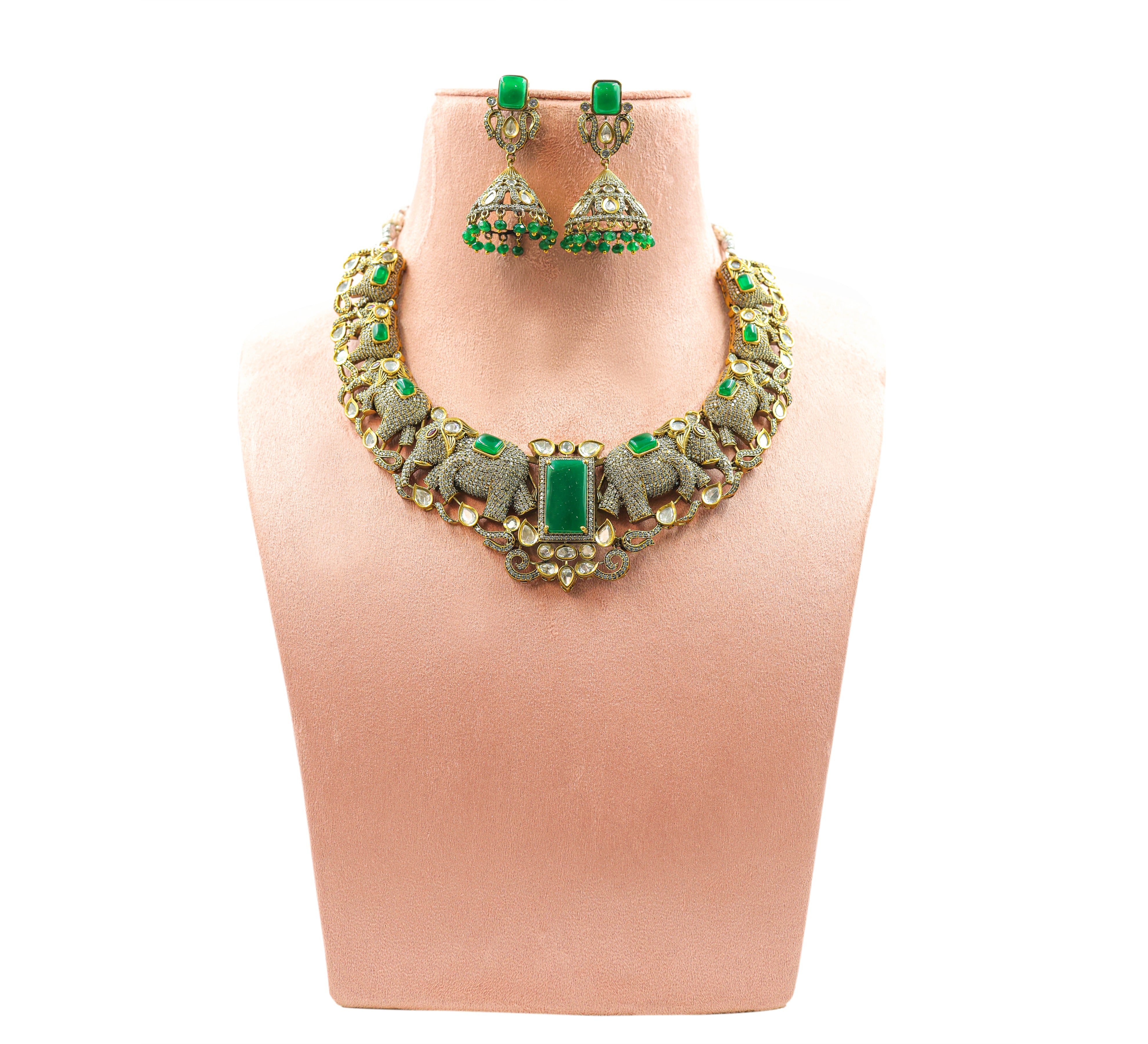 Victorian-Inspired Kundan Polki Necklace Set with Hydro Stones - Adisha Jewels