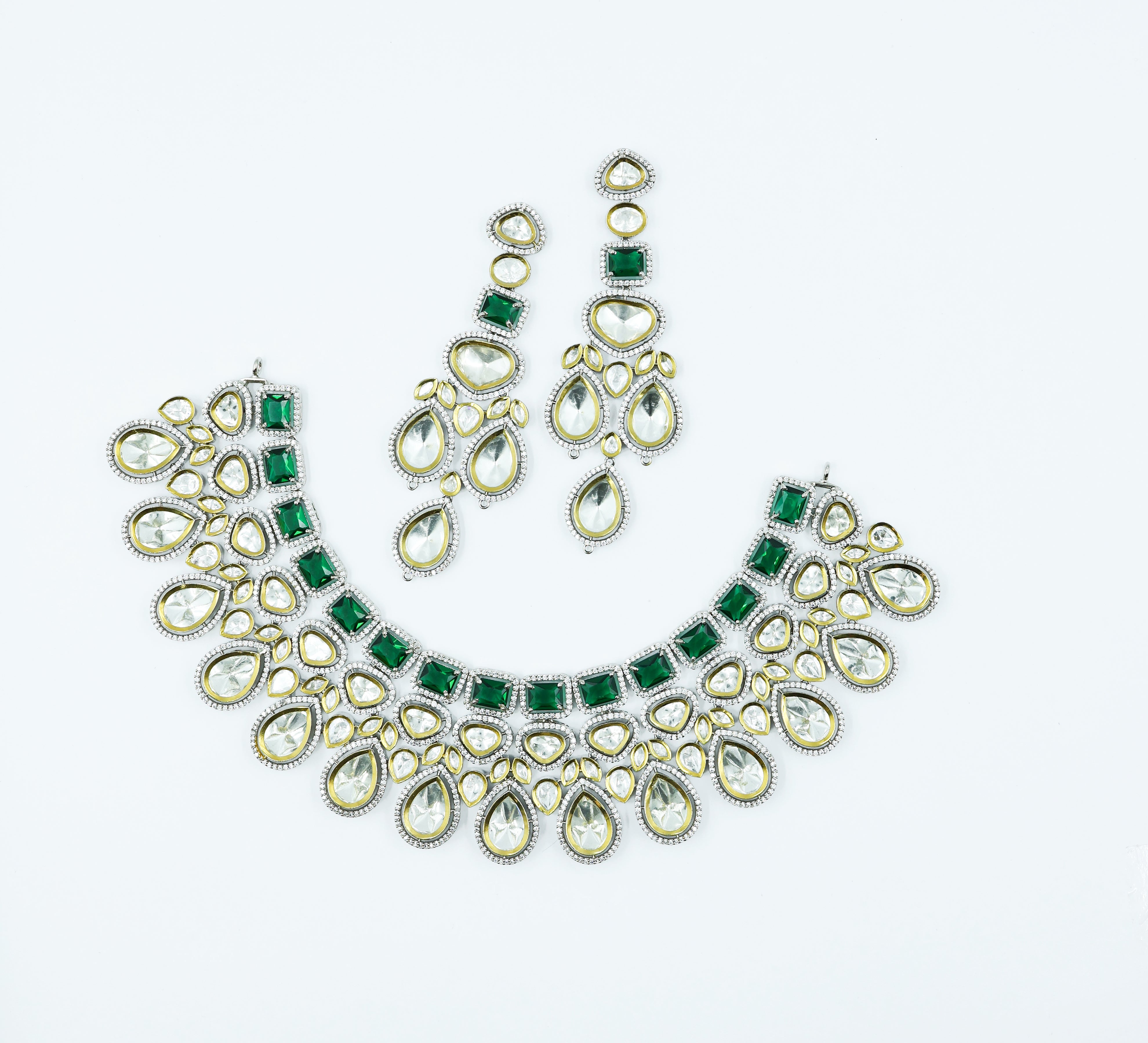 Victorian-Inspired Kundan Polki Necklace Set with Hydro Stones - Adisha Jewels