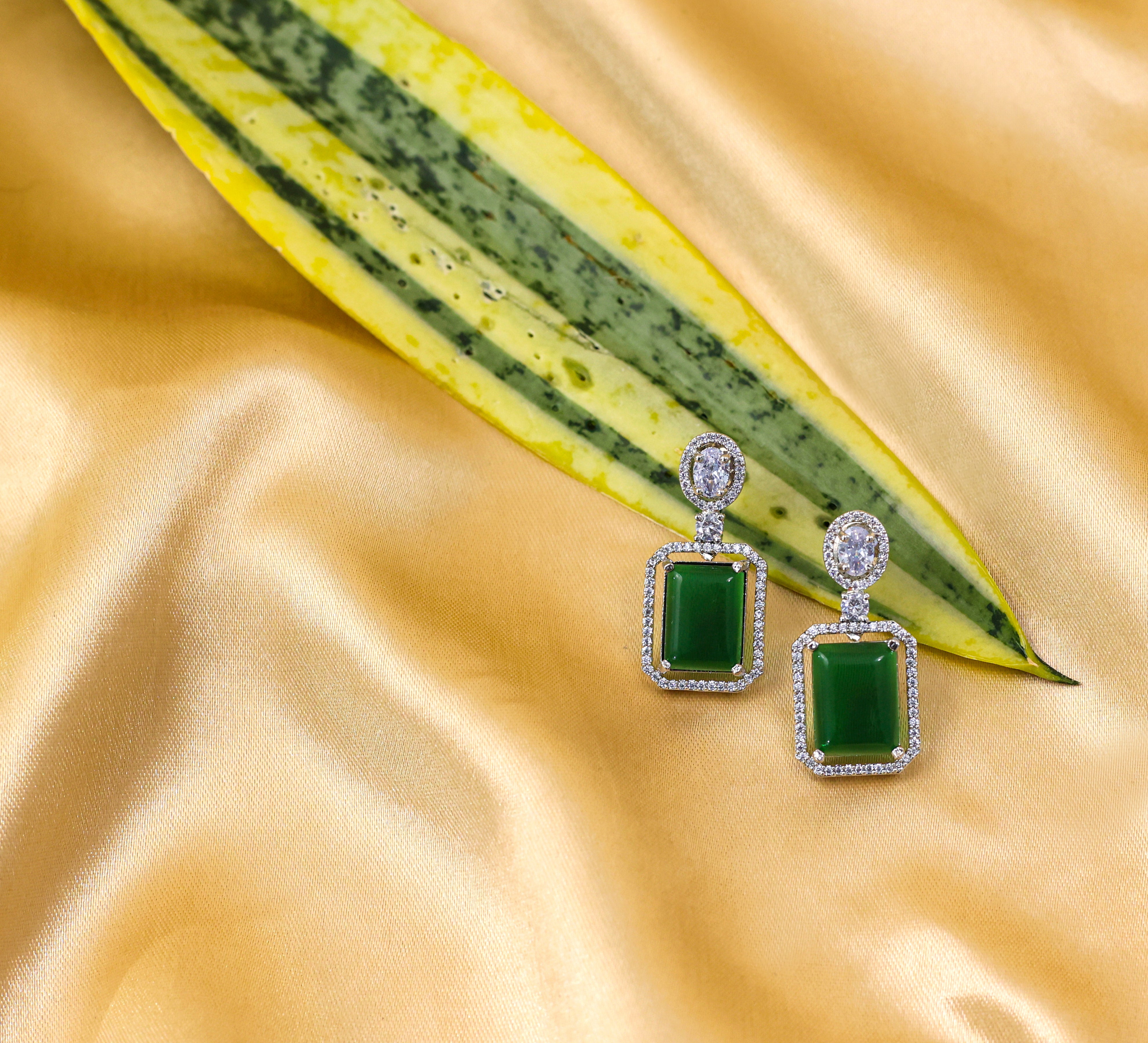 Earrings with Doublet Potta Stones and CZ Accents in White Rhodium - Adisha Jewels