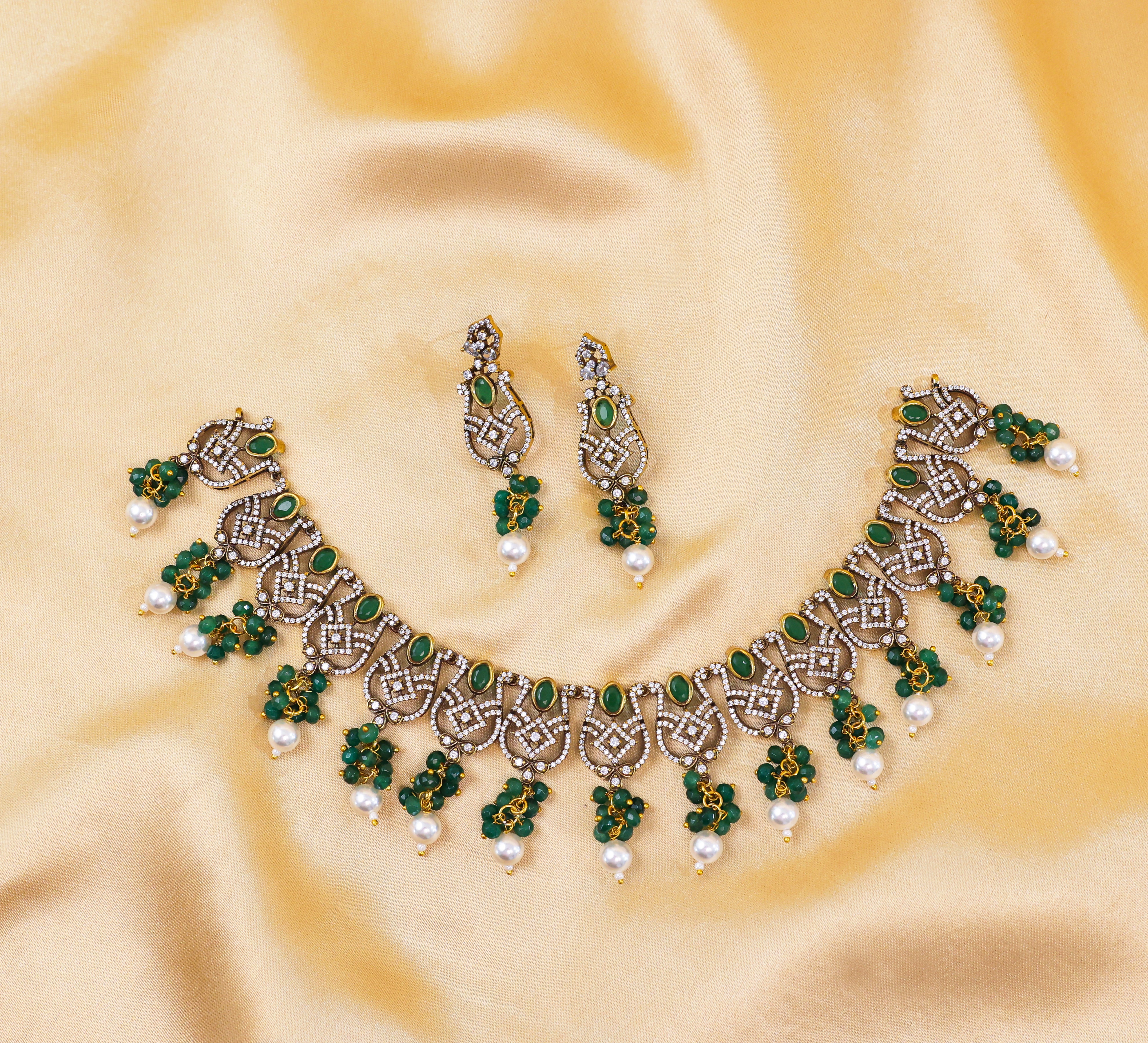 Victorian Antique Necklace Set with Colored Stones and American Diamonds - Adisha Jewels