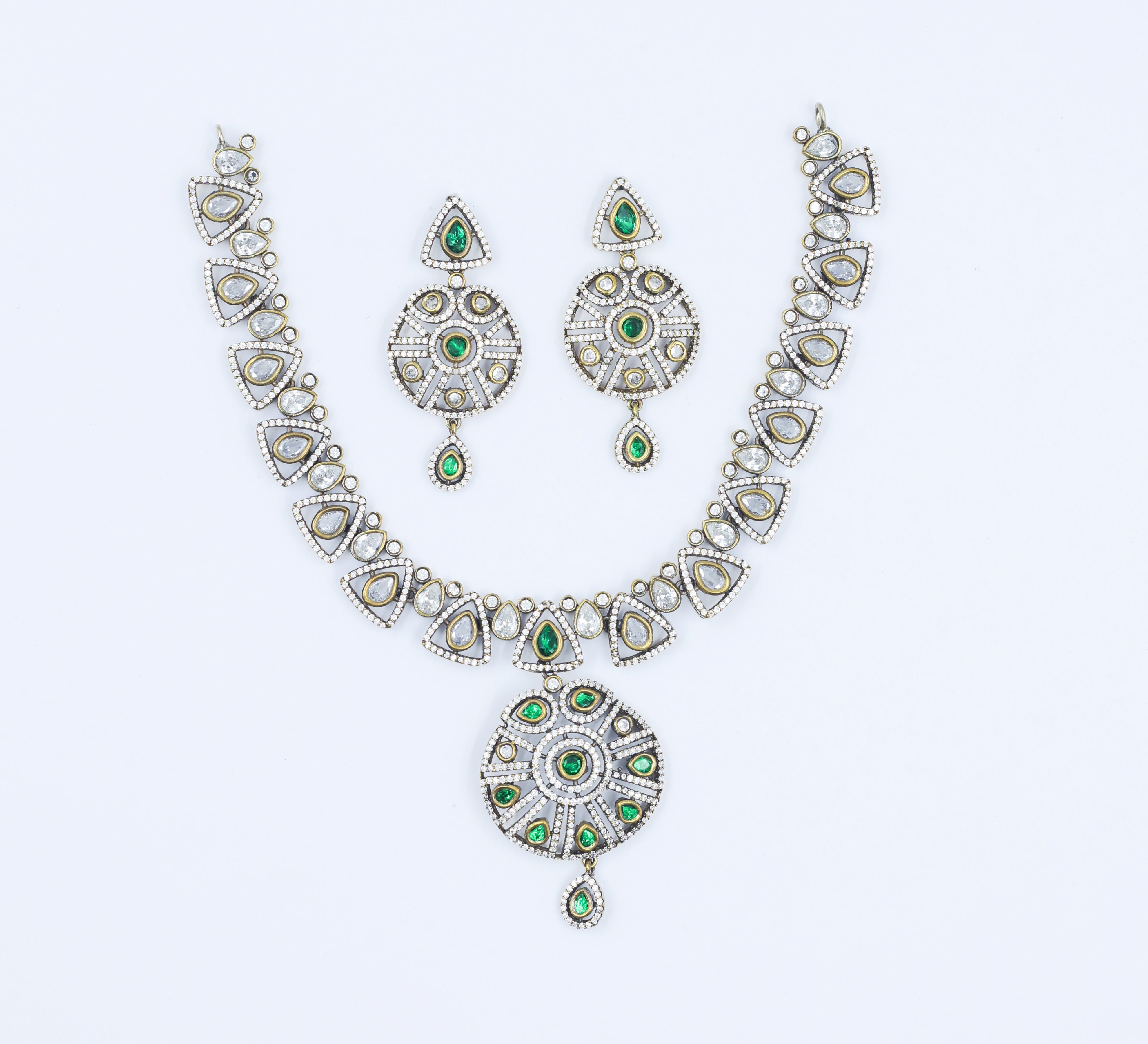 Victorian-Inspired Kundan Polki Necklace Set with Hydro Stones - Adisha Jewels