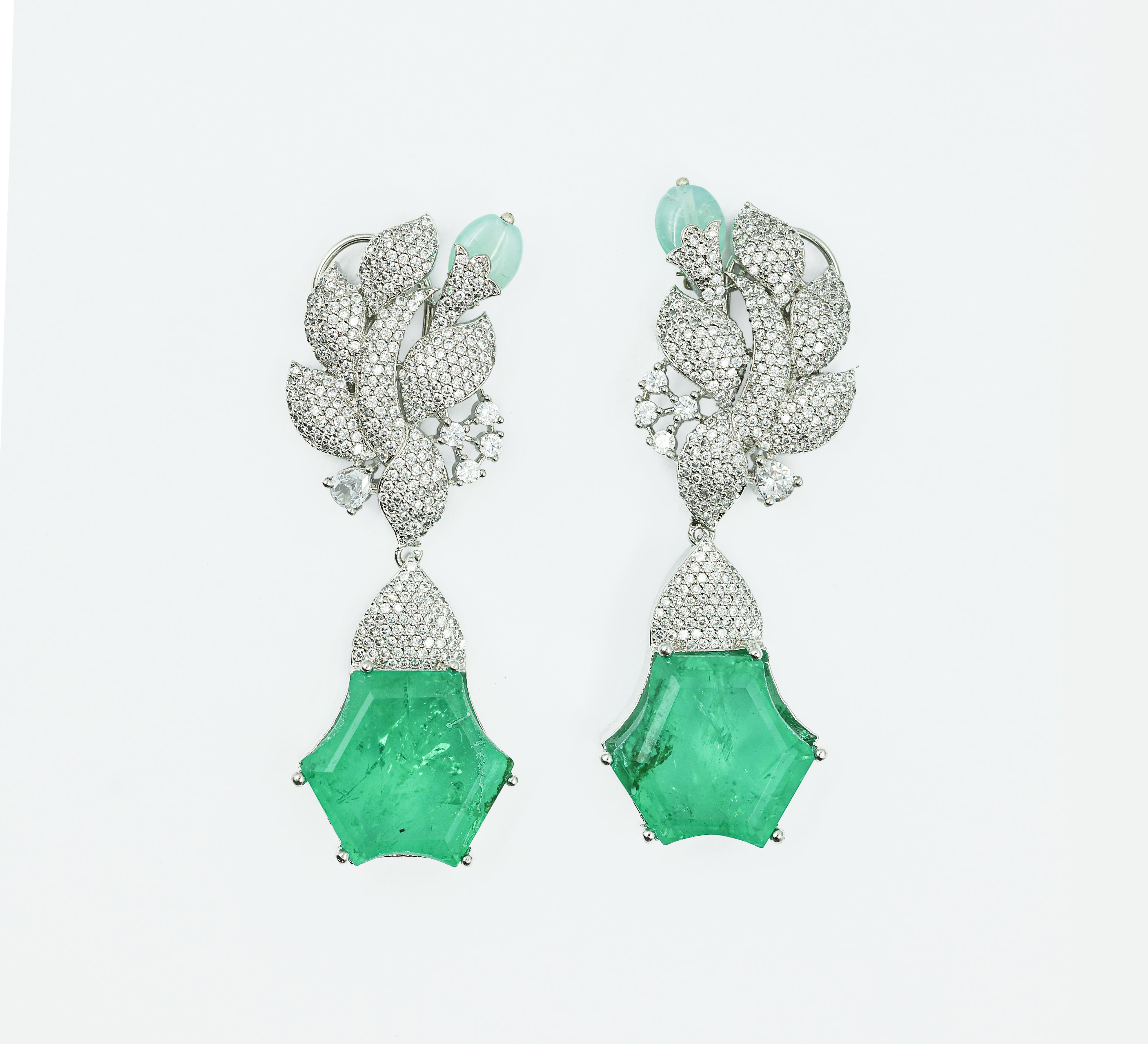 Beaded Earrings with Doublet Stones and CZ in White Rhodium - Adisha Jewels