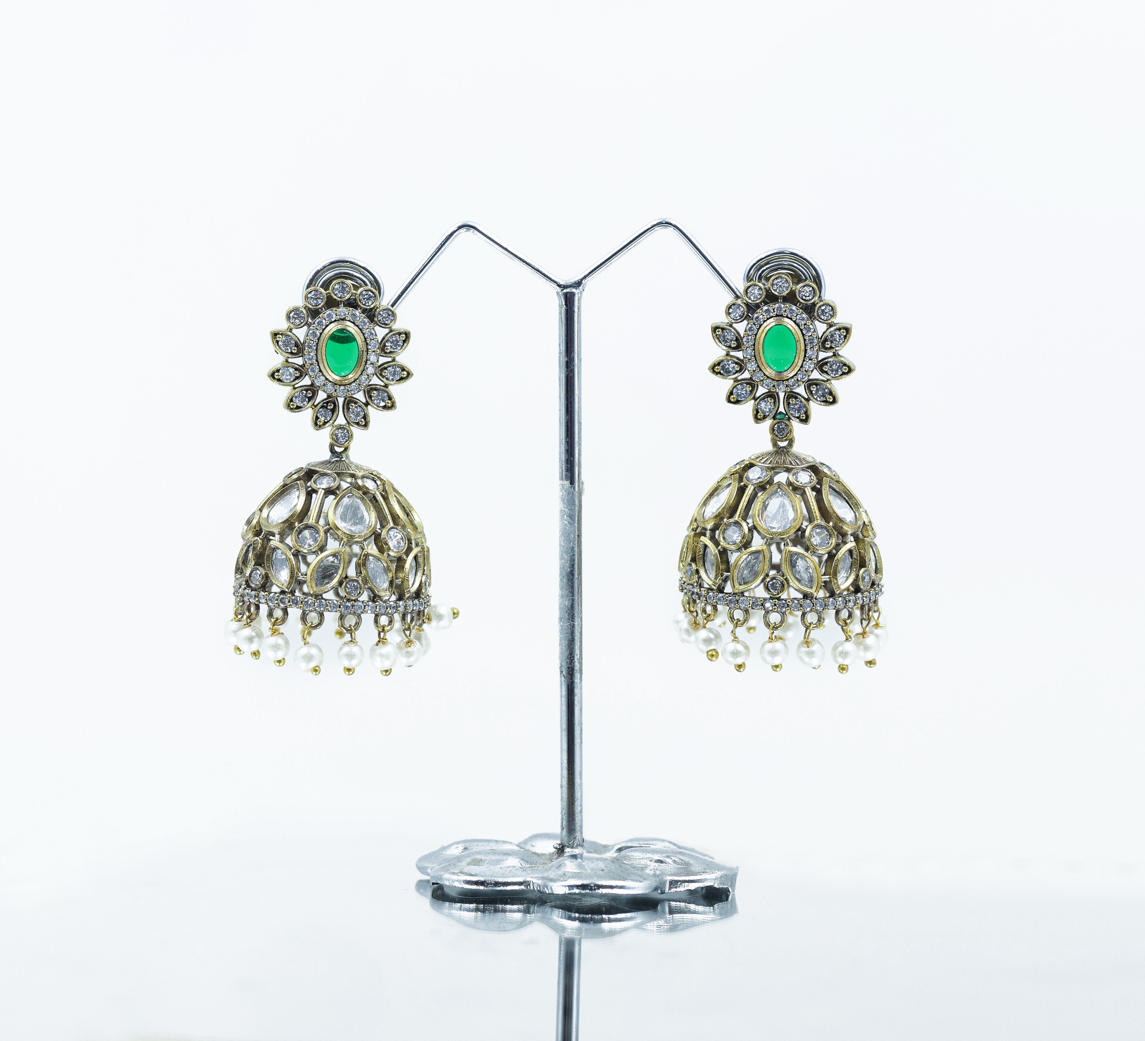 Silver Foil Victorian Jhumki Earrings with Kundan Polki and Hydro Stones - Adisha Jewels