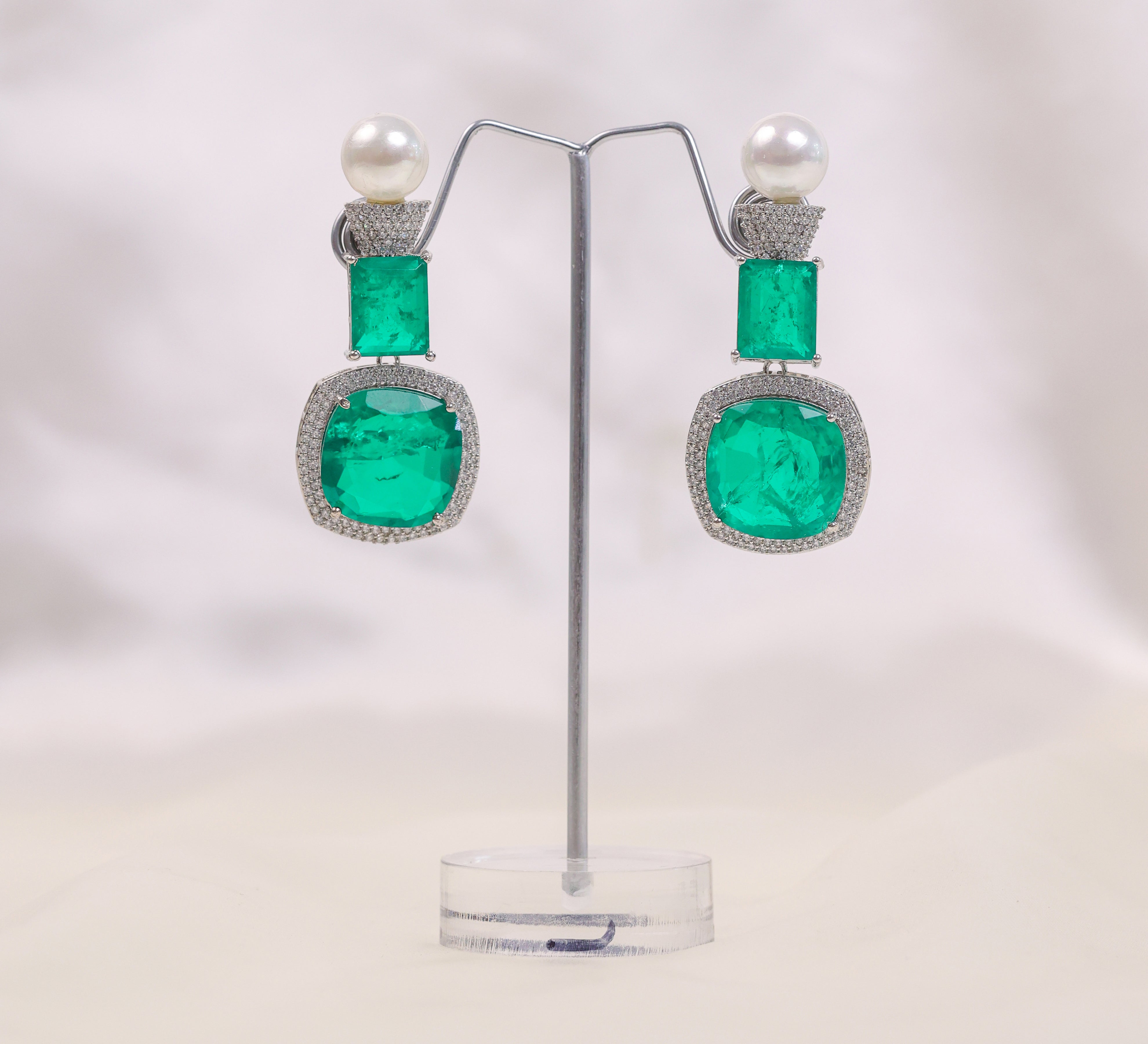 Earrings with Doublet Stones and CZ Accents in White Rhodium - Adisha Jewels