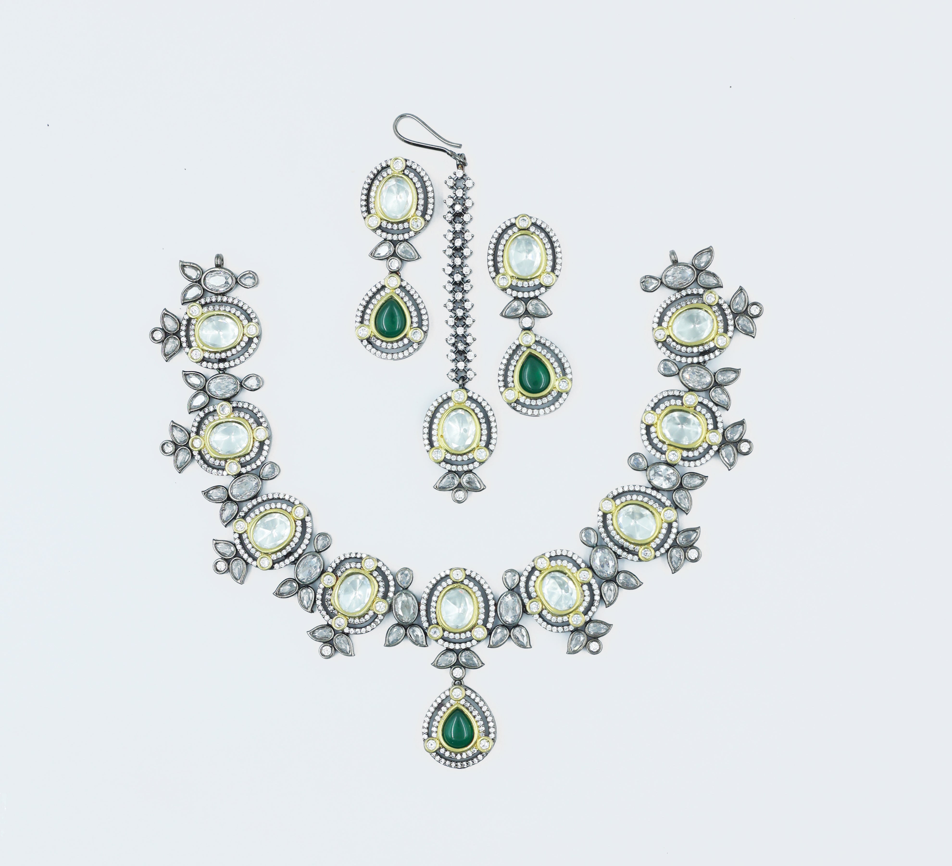 Victorian-Inspired Necklace Set with Hydro Stones & Kundan Polki - Adisha Jewels