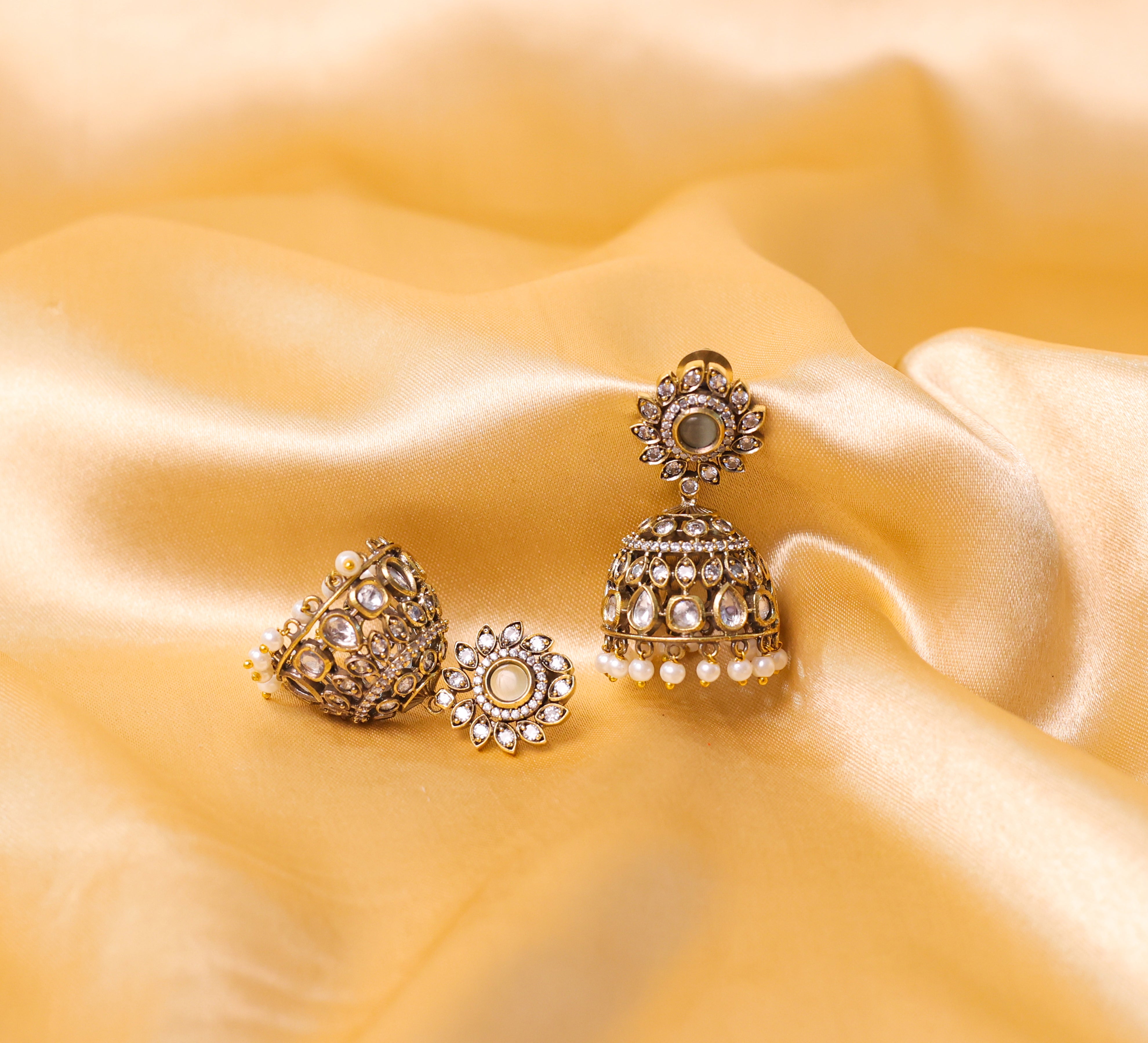 Silver Foil Victorian Jhumki Earrings with Kundan Polki and Hydro Stones - Adisha Jewels