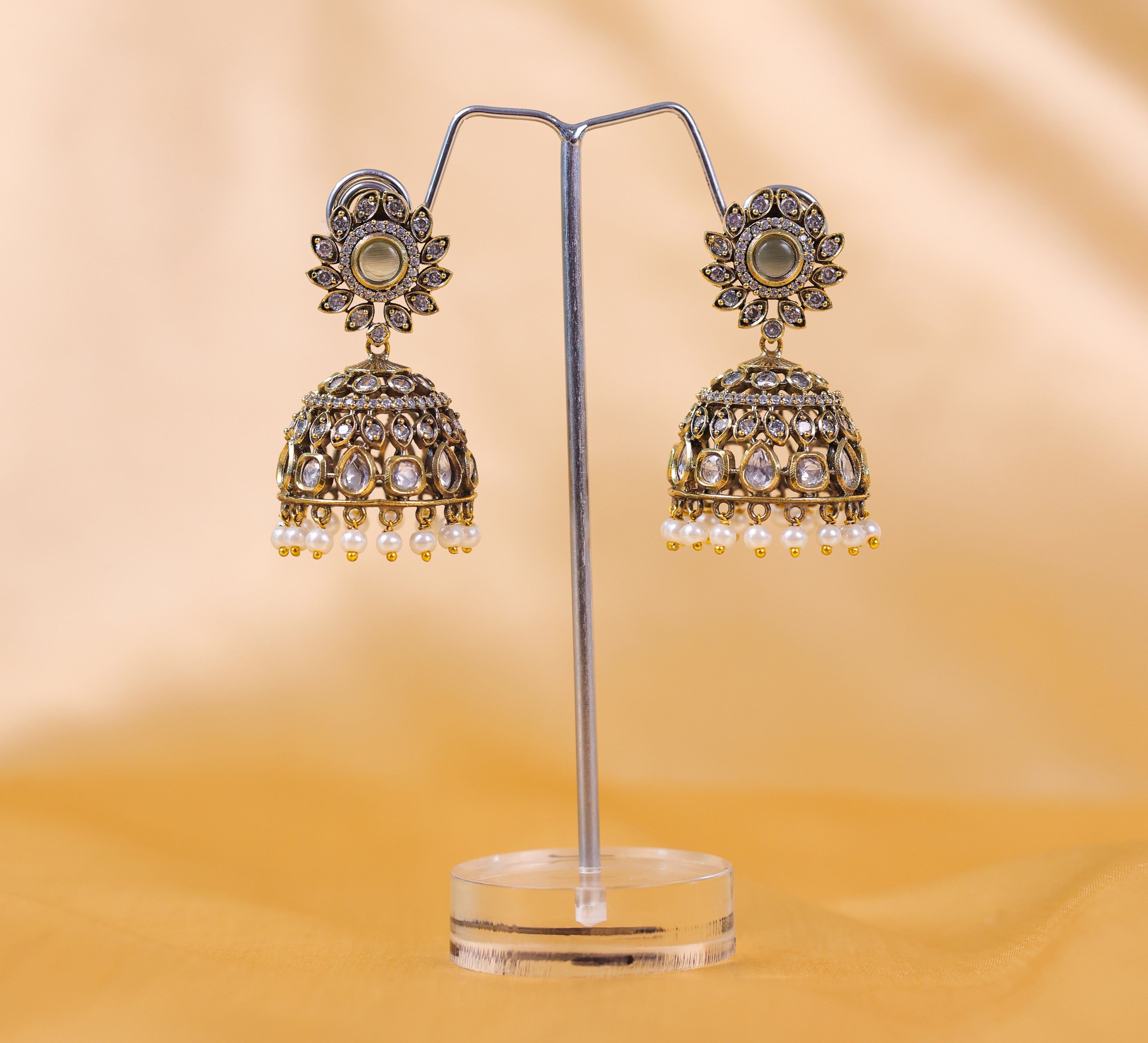 Silver Foil Victorian Jhumki Earrings with Kundan Polki and Hydro Stones - Adisha Jewels