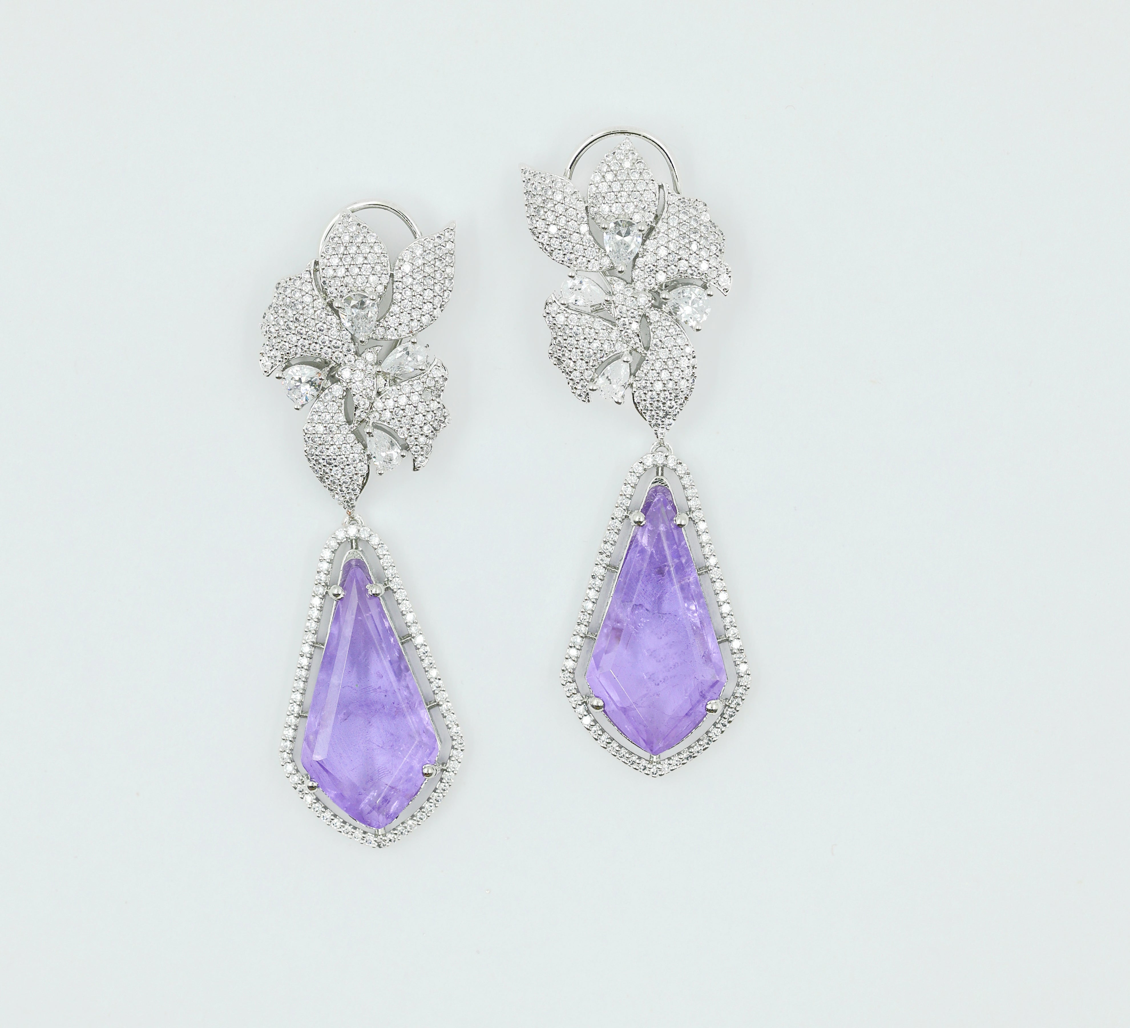 Doublet Stones Earrings with White Rhodium Plating - Adisha Jewels