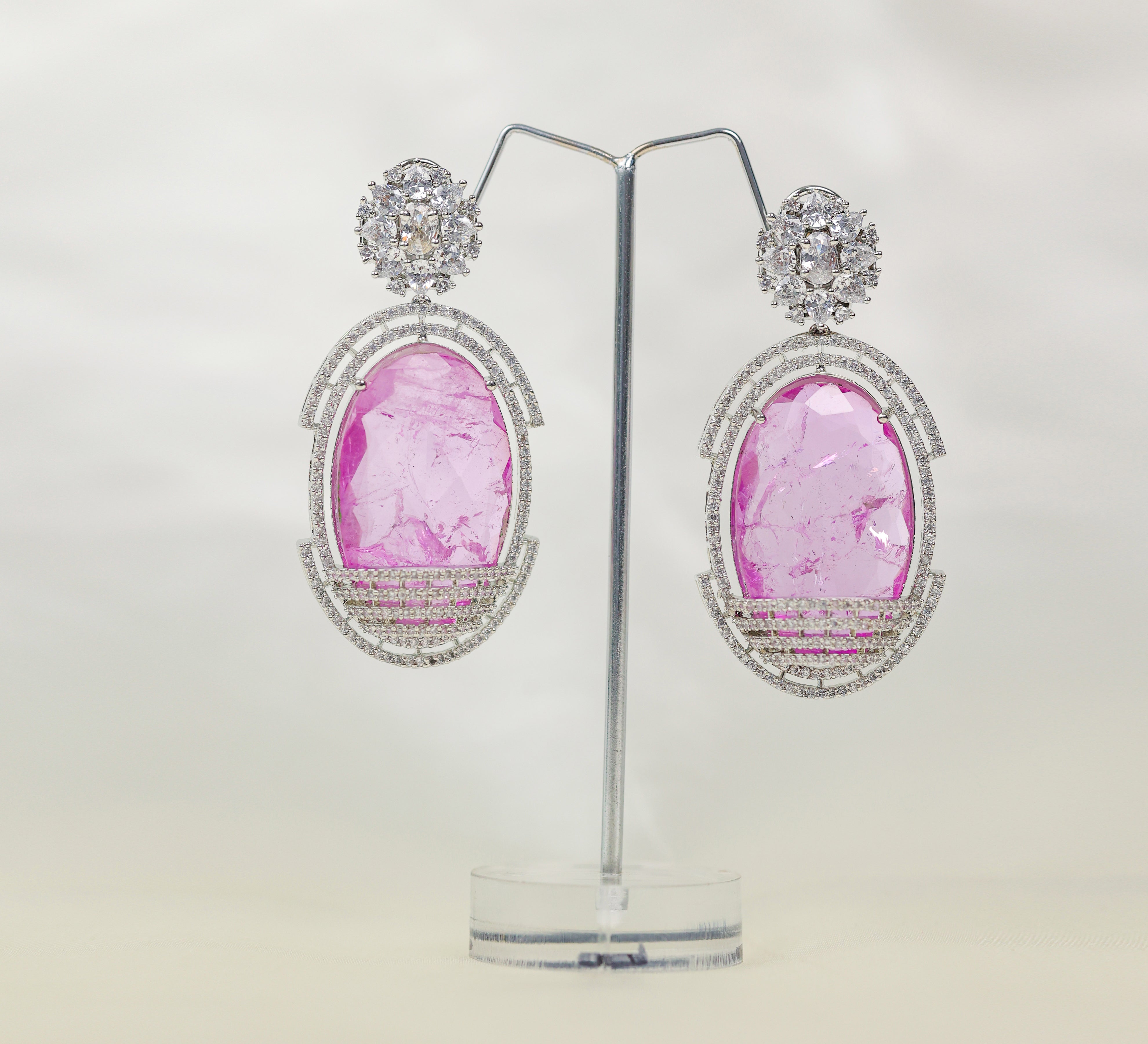 Doublet Stones Earrings with White Rhodium Plating - Adisha Jewels